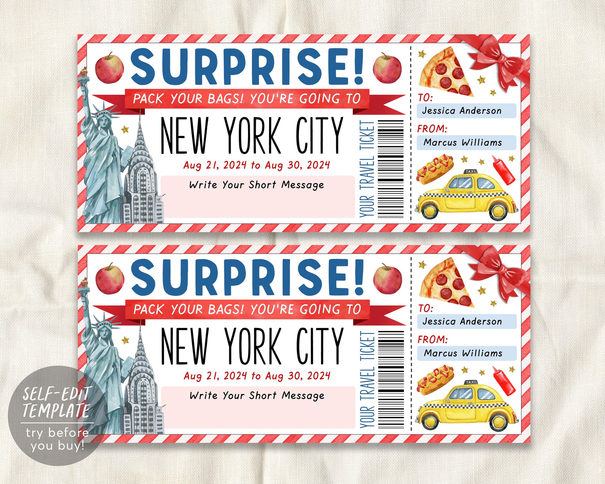 New York City Trip Ticket Editable Template