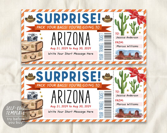 Arizona Trip Ticket Boarding Pass Editable Template