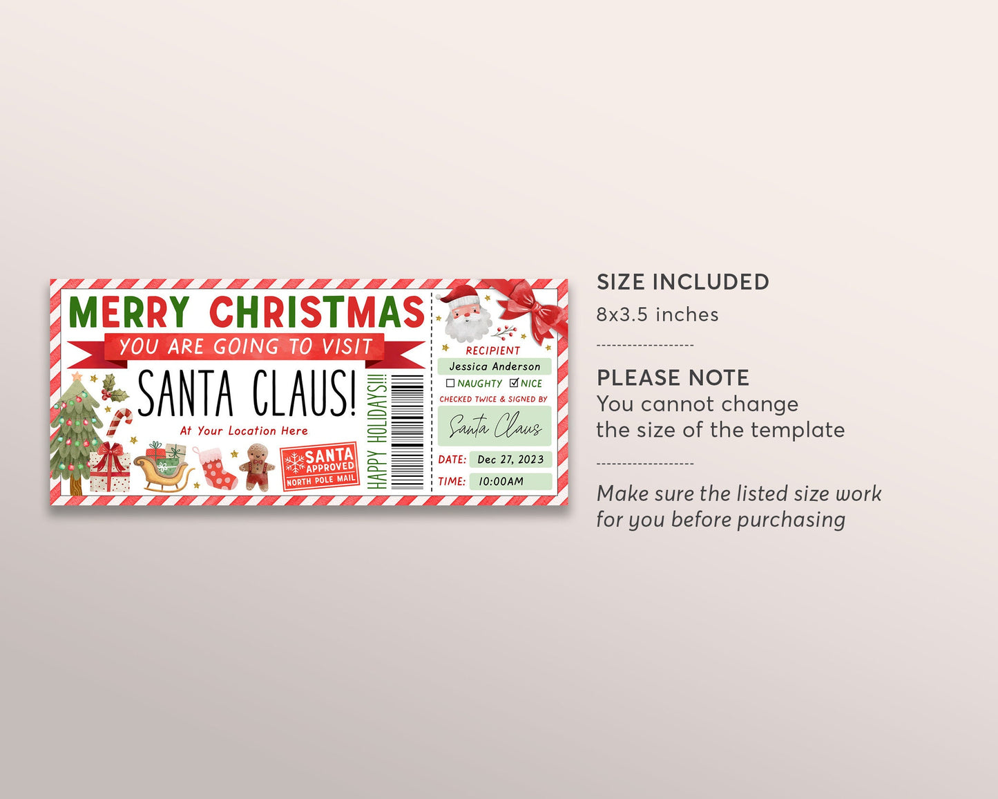 Santa Ticket Gift Voucher Editable Template, Surprise Christmas See Santa Visit Ticket For Kids, Holiday Event Gift Certificate Coupon