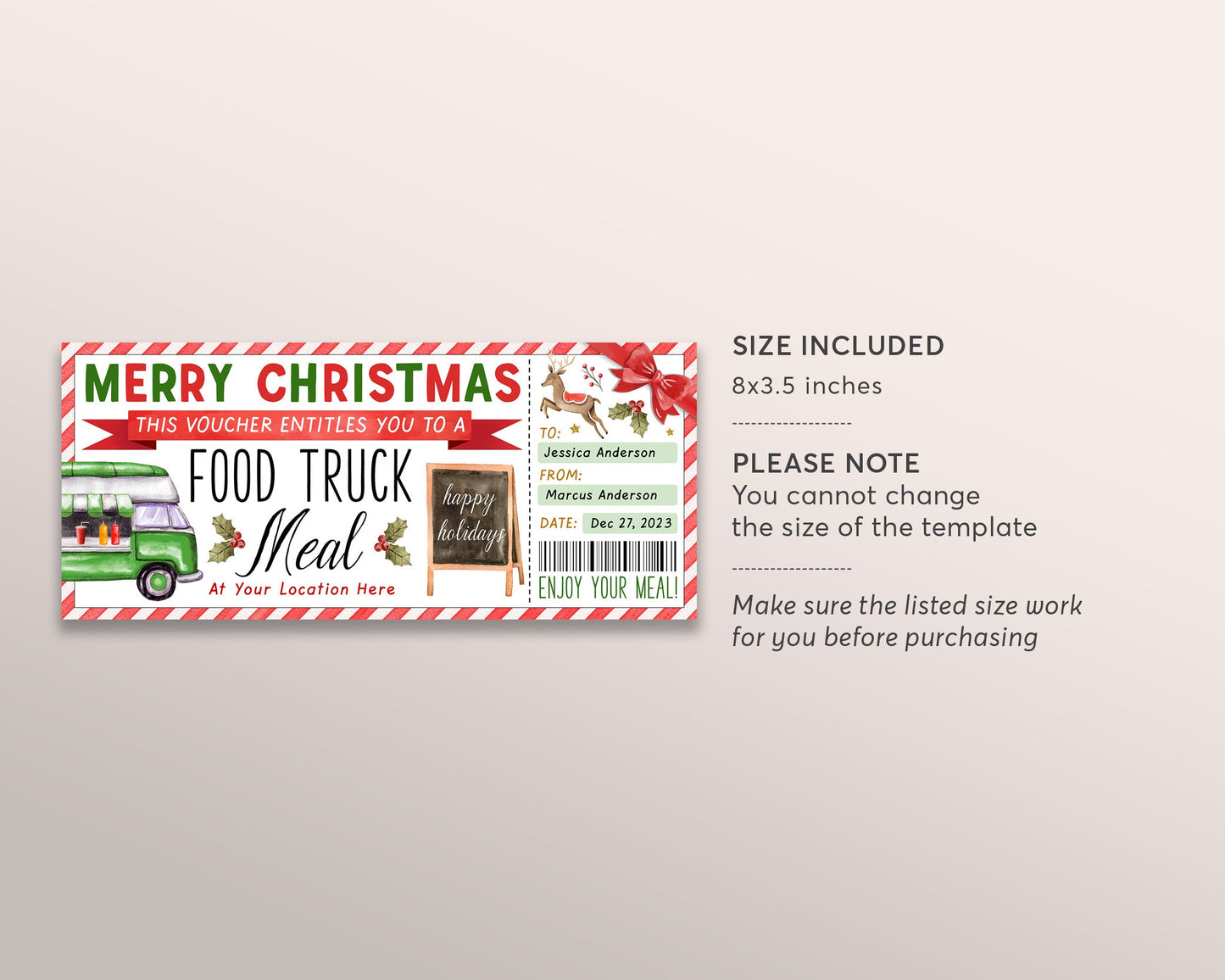 Food Truck Meal Ticket Gift Voucher Editable Template, Surprise Christmas Food Cart Work Staff Appreciation Dinner Coupon Gift Certificate