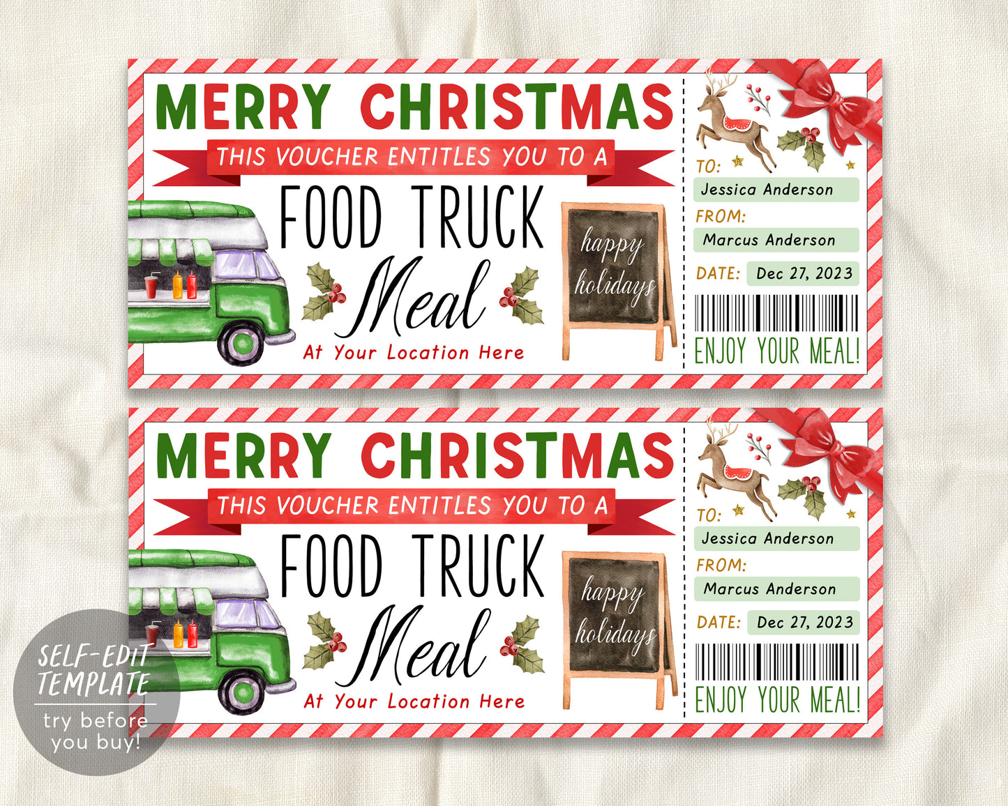 Food Truck Meal Ticket Gift Voucher Editable Template