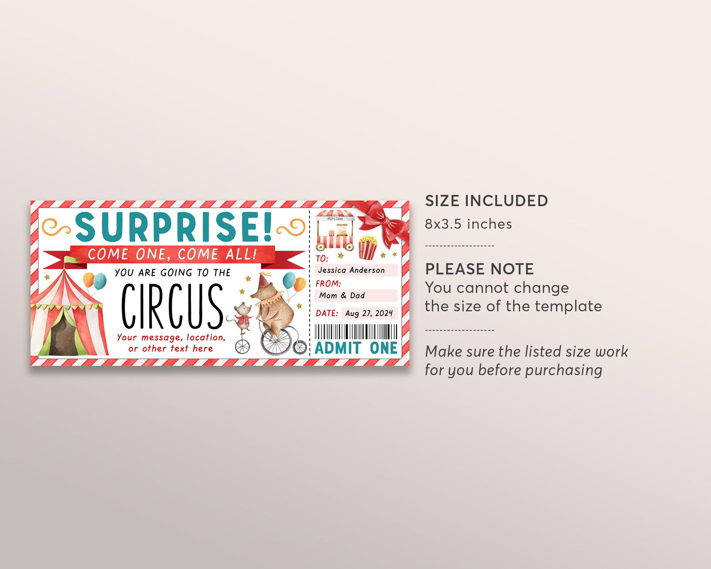 Circus Ticket Editable Template, Surprise Carnival Ticket Gift Voucher For Kids, Theme Park Day Trip Certificate For Birthday Valentines