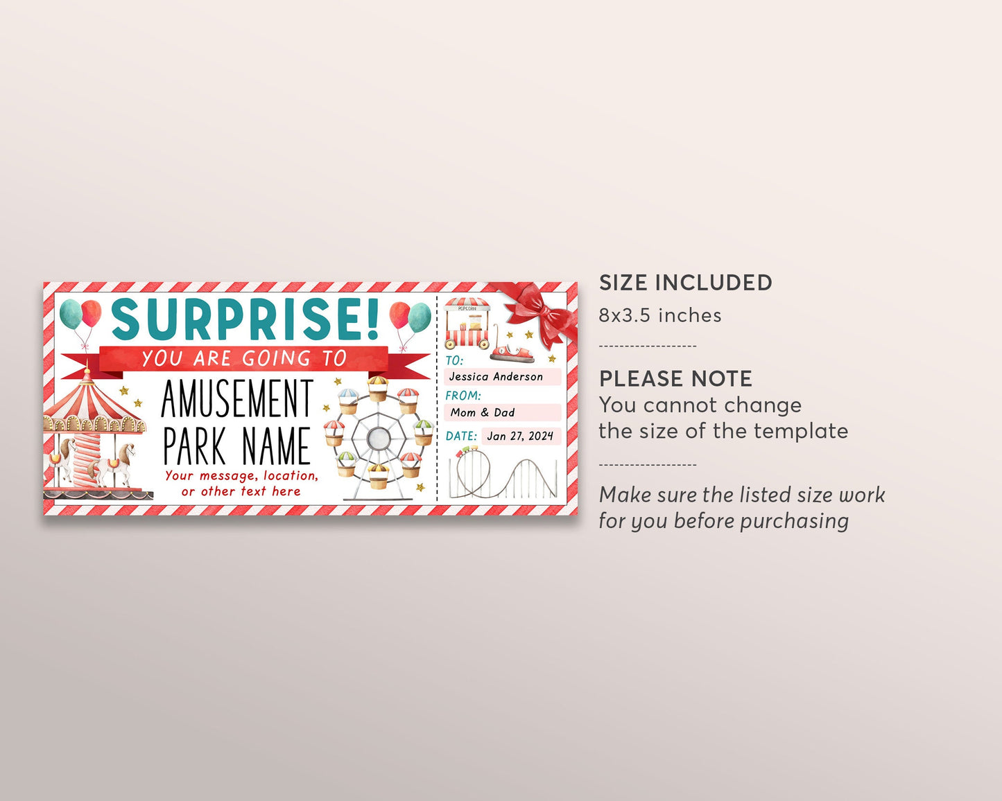 Amusement Park Ticket Editable Template, Surprise Theme Park Voucher For Kids, Carnival Day Trip Personalized Gift Certificate Any Occasion