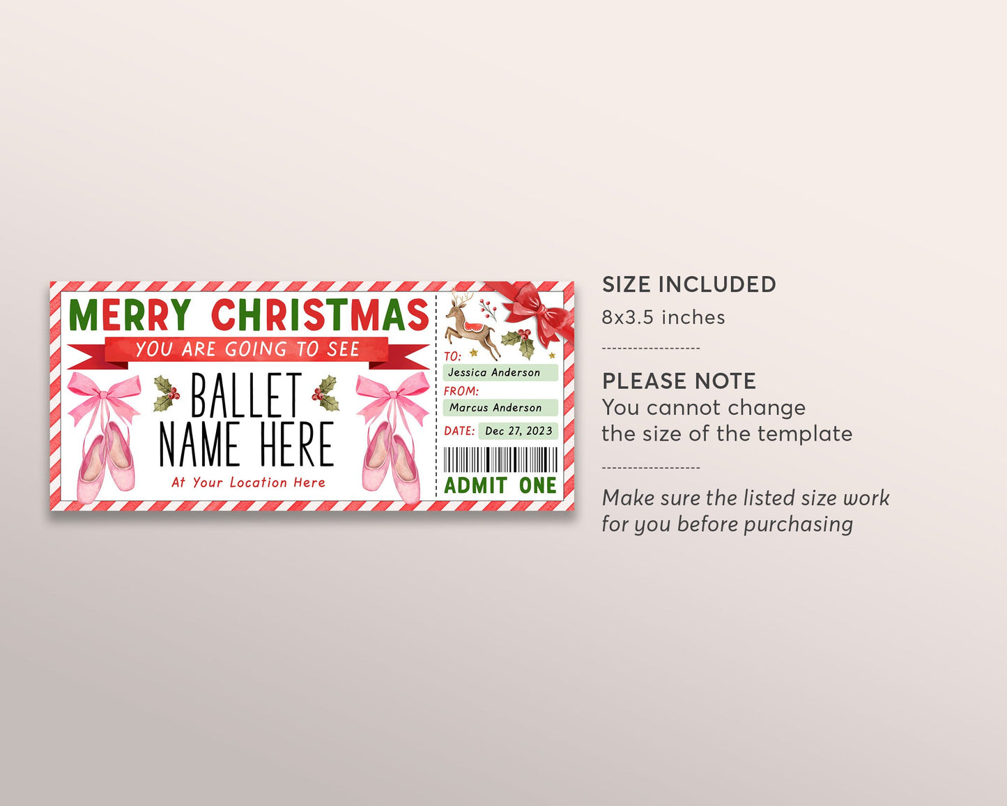 Christmas Ballet Gift Ticket Editable Template, Surprise Holiday Performance Theatre Ballet Gift Certificate Voucher, Last Minute Gift DIY