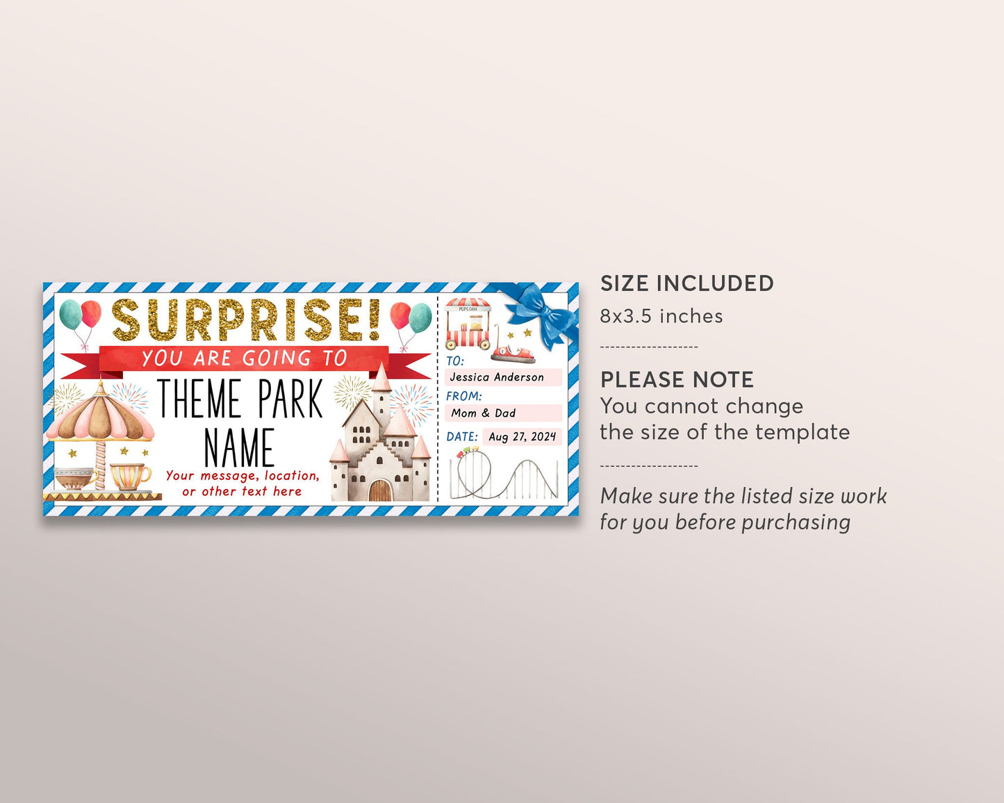 Theme Park Ticket Editable Template, Surprise Amusement Park Gift Voucher For Kids, Carnival Day Trip Gift Certificate Any Occasion DIY