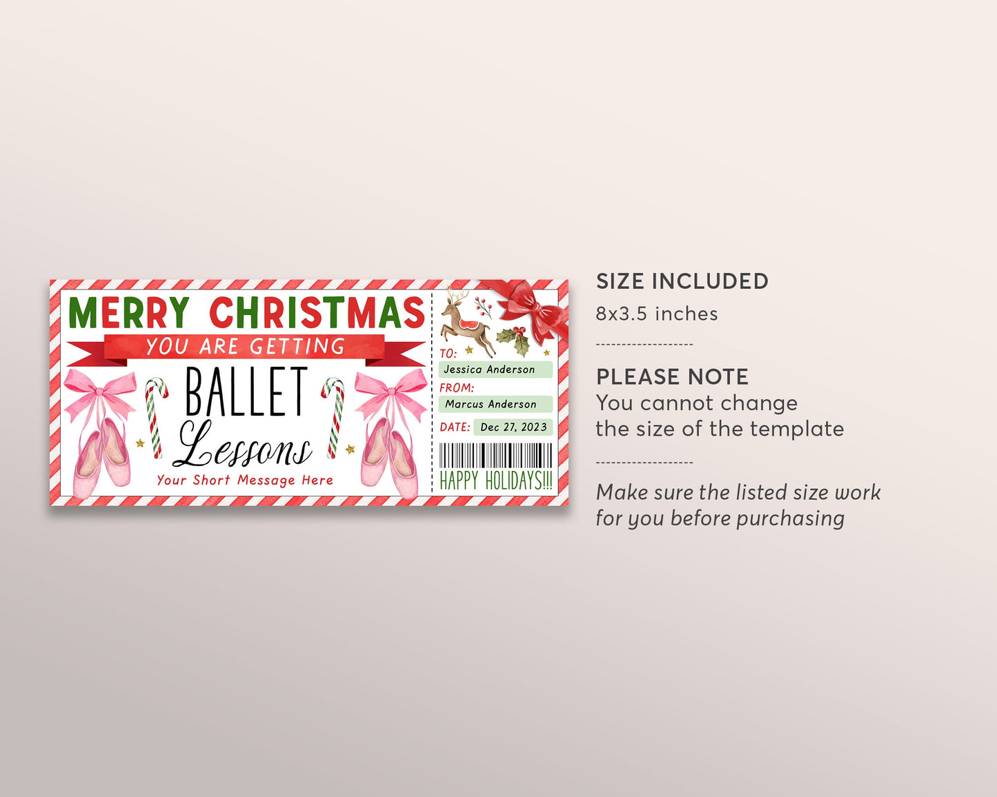 Christmas Ballet Lessons Ticket Editable Template, Surprise Holiday Ballet Classes Gift Certificate For Kids, Dance Lessons Voucher Coupon