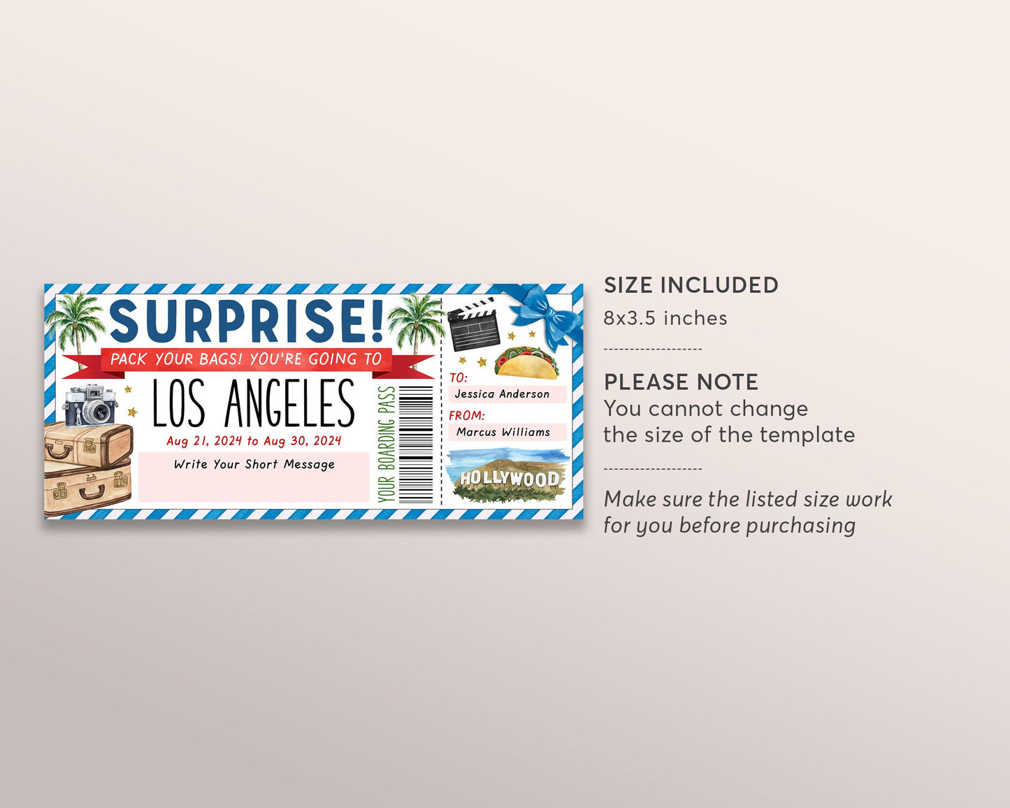 Los Angeles Trip Ticket Boarding Pass Editable Template, Surprise Travel Hollywood Vacation Airline Ticket Gift Certificate For Birthday DIY