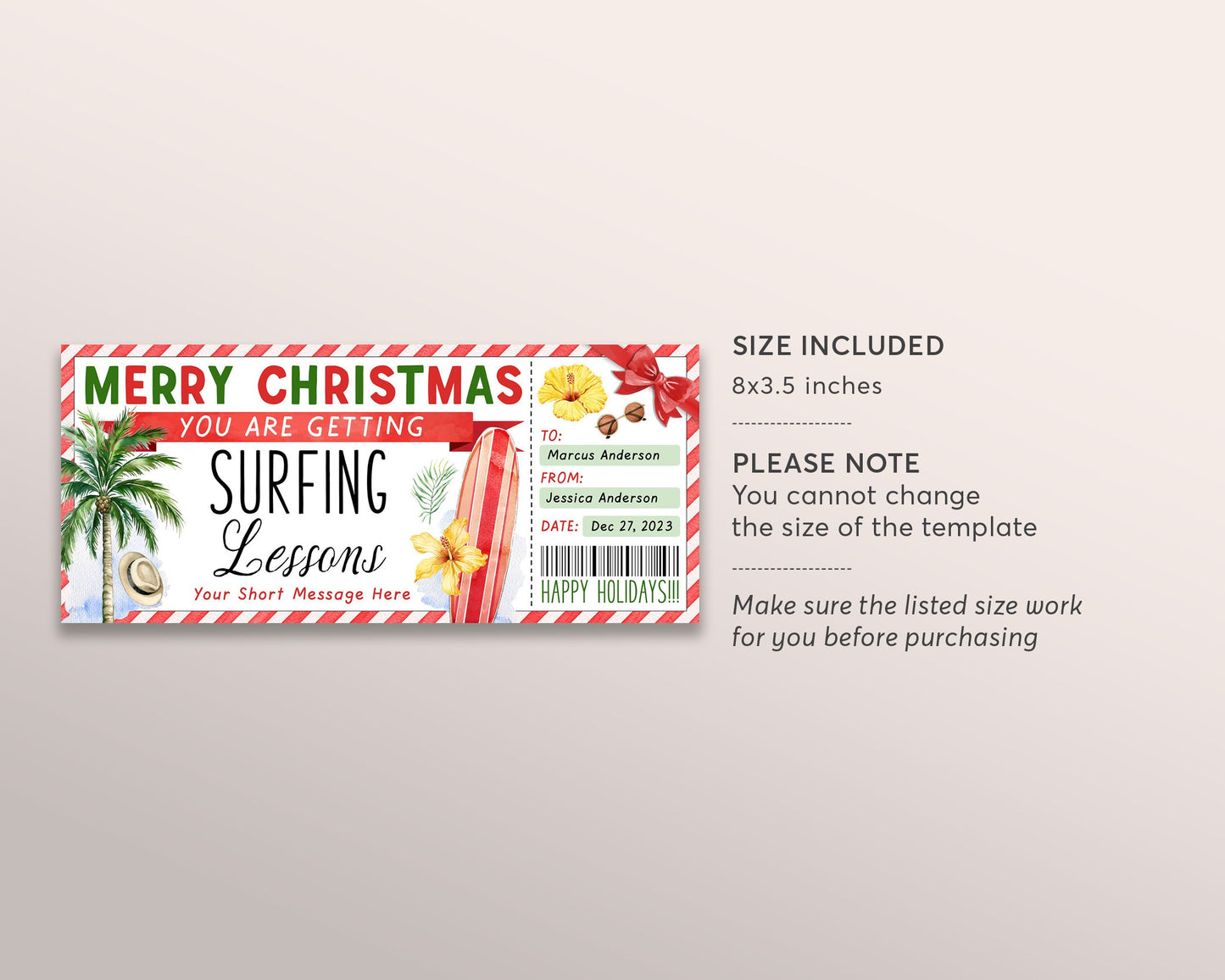 Surfing Lessons Gift Voucher Certificate Editable Template, Christmas Surprise Surf Classes, Holiday Learn To Surf Reveal Coupon Surfer