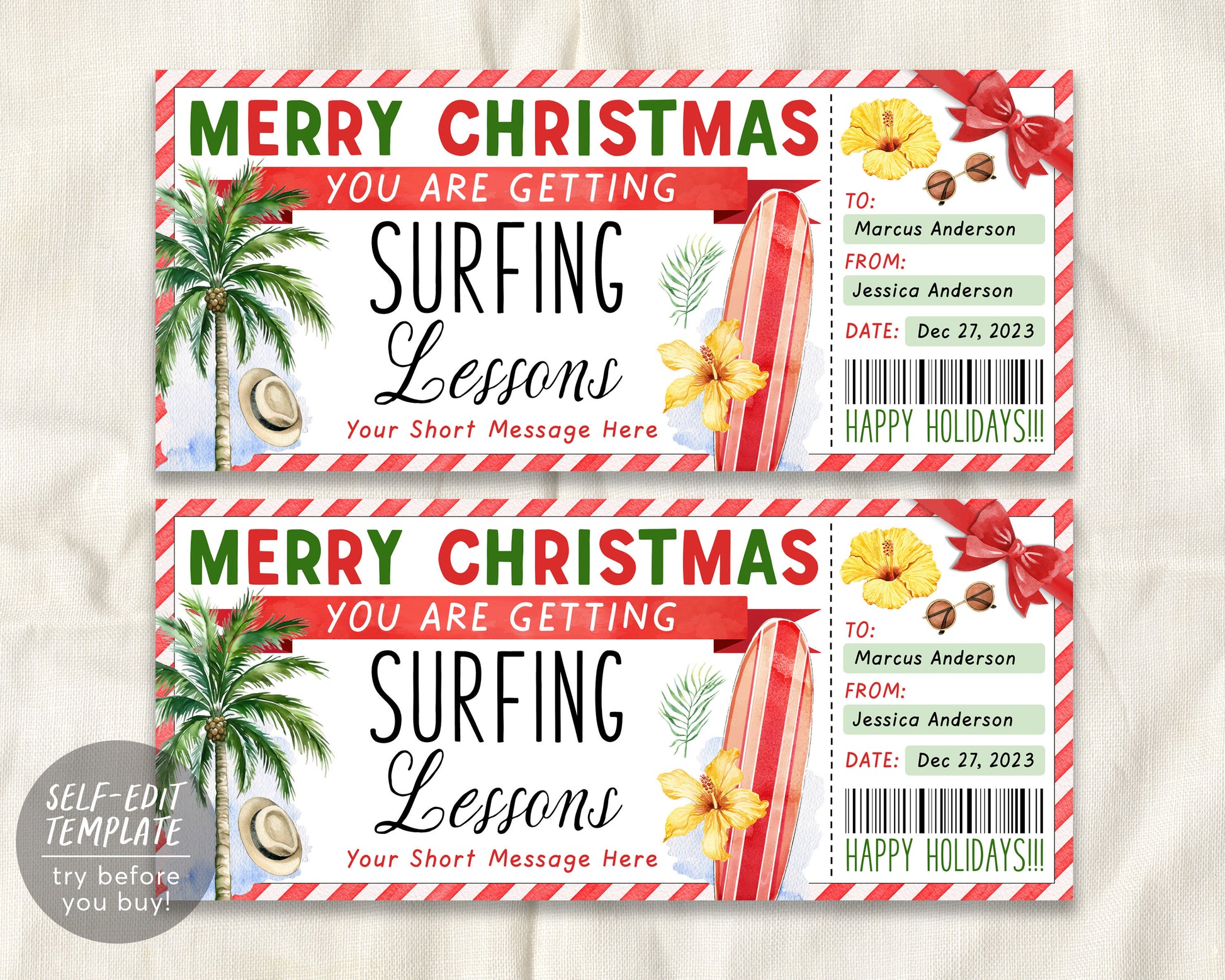 Surfing Lessons Gift Voucher Certificate Editable Template