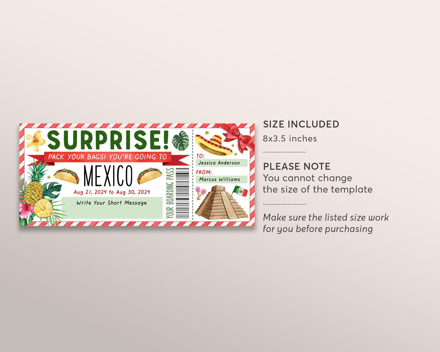 Mexico Trip Ticket Boarding Pass Editable Template, Surprise Travel Vacation Airline Ticket Gift Certificate Holiday Reveal For Any Occasion