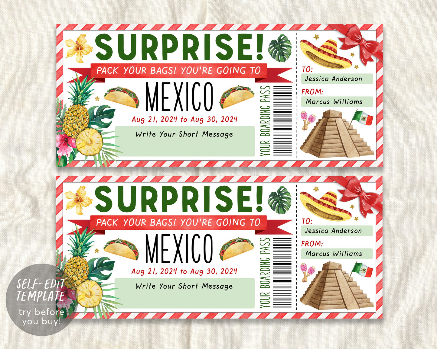 Mexico Trip Ticket Boarding Pass Editable Template