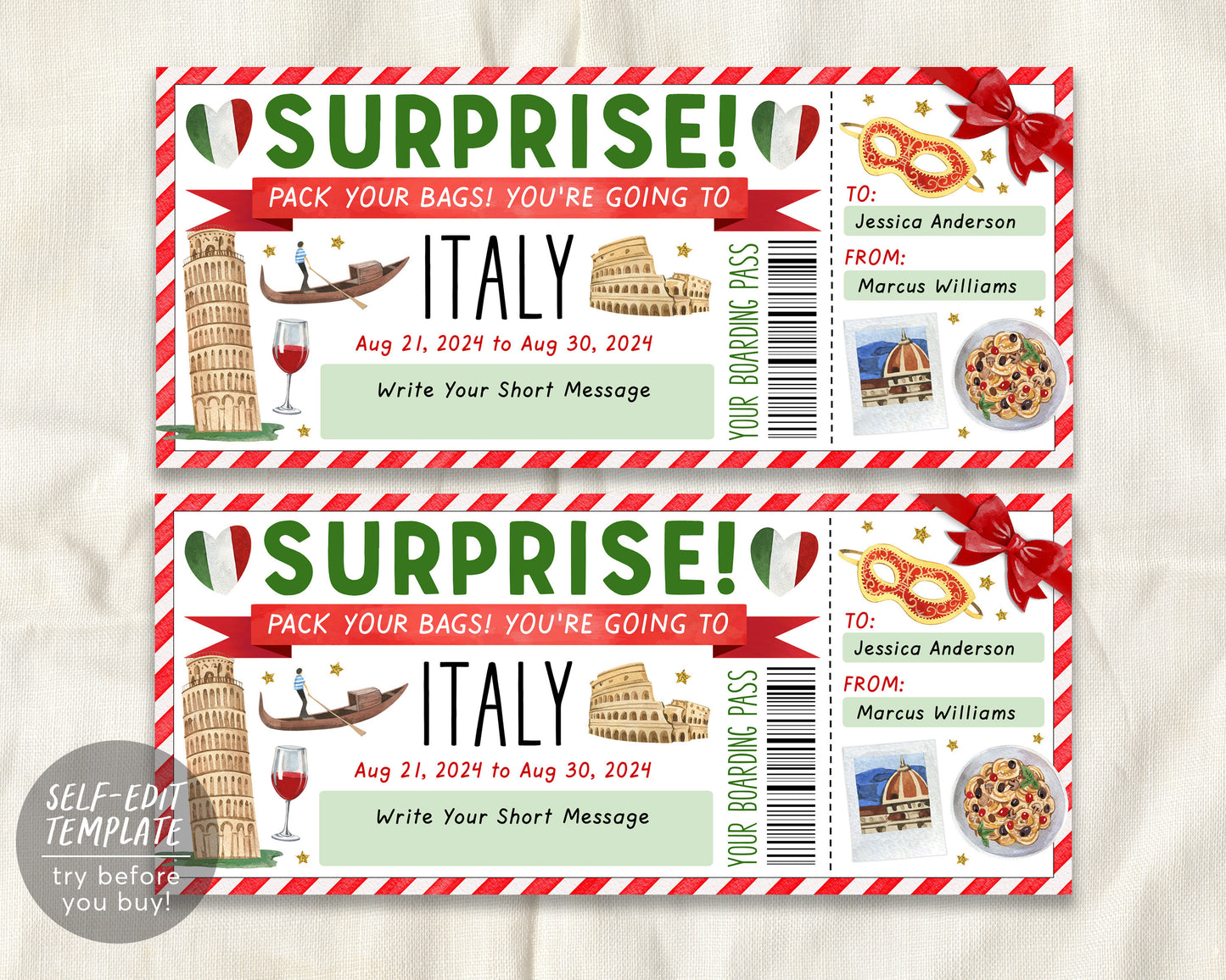 Italy Trip Ticket Boarding Pass Editable Template