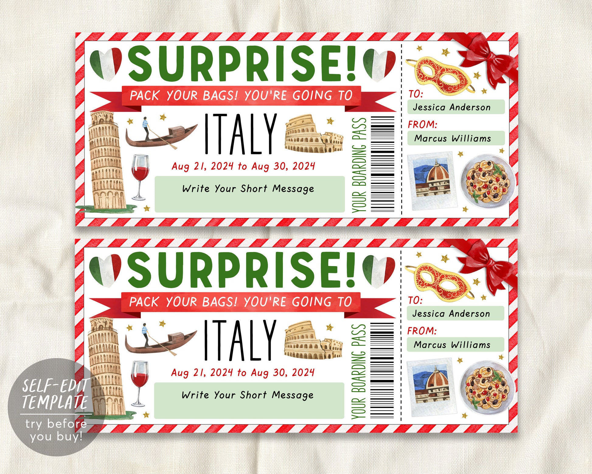 Italy Trip Ticket Boarding Pass Editable Template