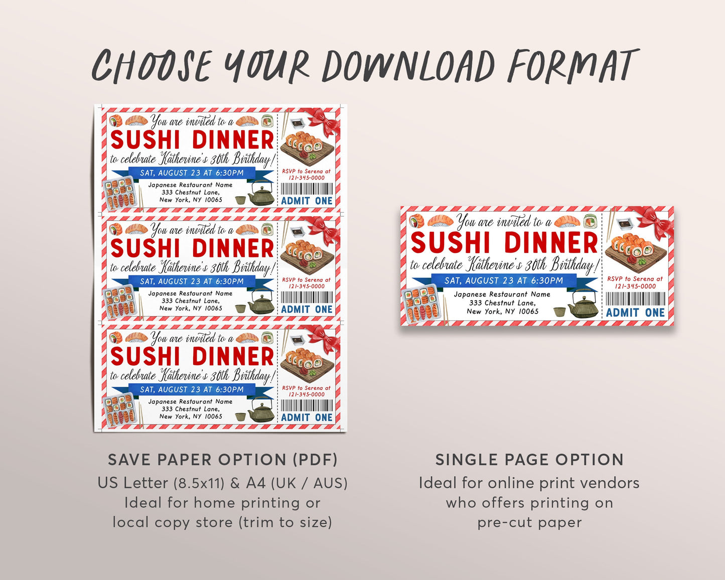 Sushi Dinner Invitation Ticket Editable Template, Birthday Sushi Dinner Party Invite For Kids And Adults Voucher Printable, Japanese Food