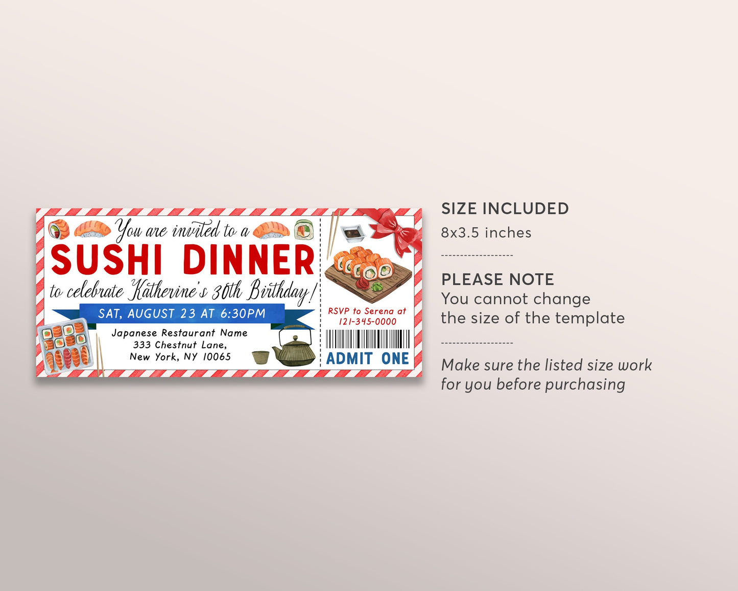 Sushi Dinner Invitation Ticket Editable Template, Birthday Sushi Dinner Party Invite For Kids And Adults Voucher Printable, Japanese Food