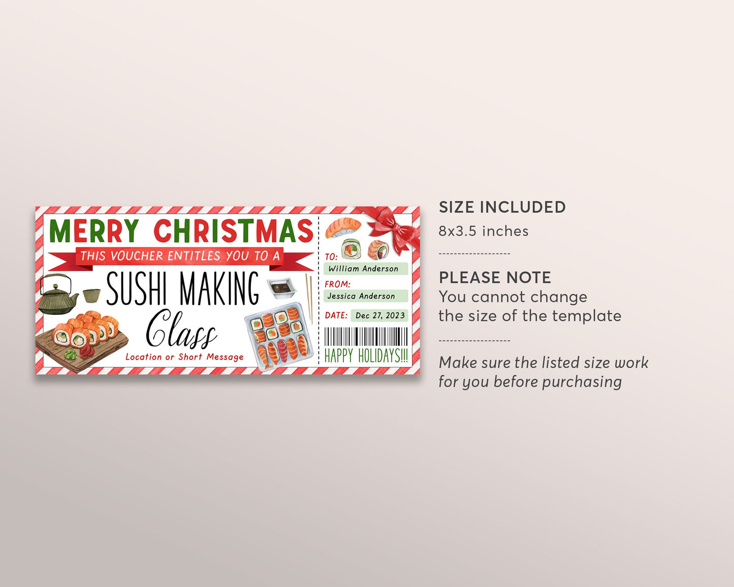 Sushi Making Class Ticket Voucher Editable Template, Christmas Surprise Japanese Cuisine Food Cooking Coupon, Cooking Lessons Certificate