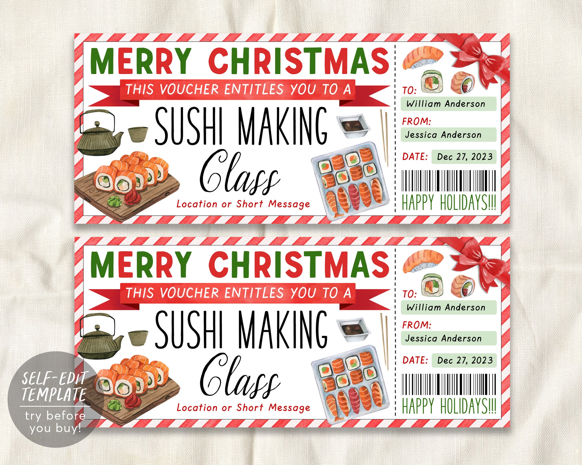 Sushi Making Class Ticket Voucher Editable Template