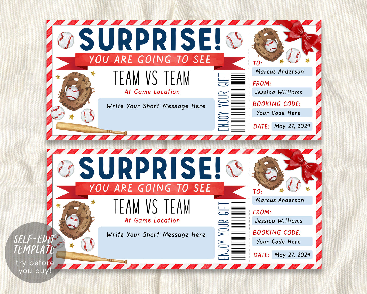 Surprise Baseball Game Gift Ticket Editable Template