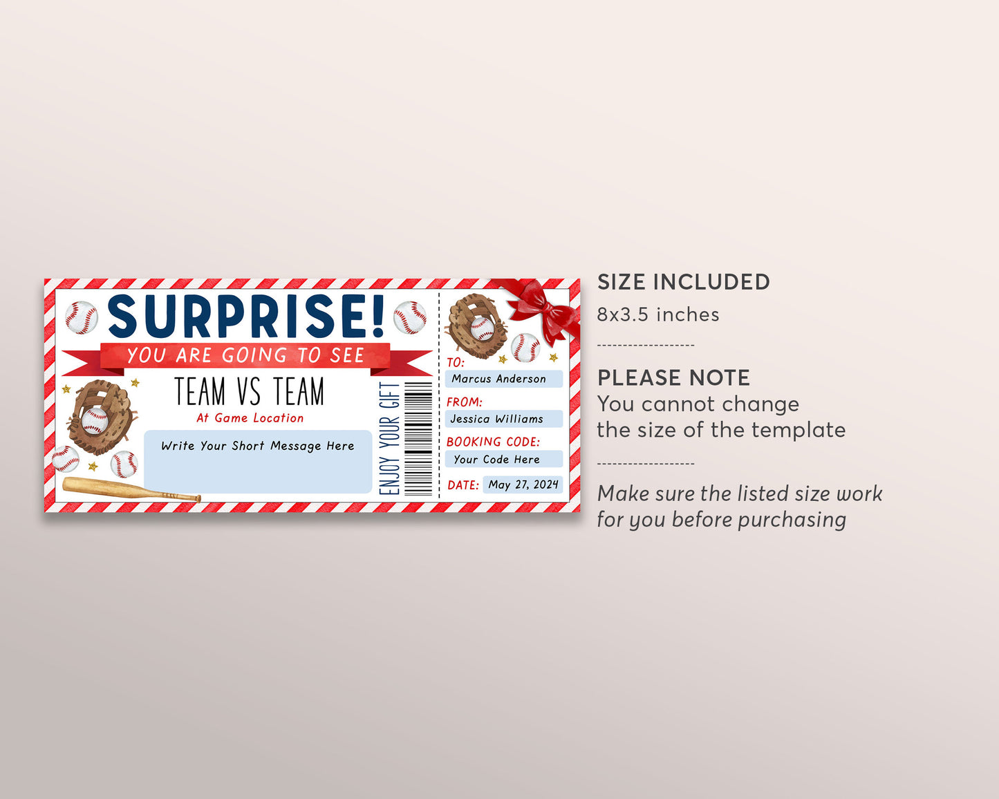 Surprise Baseball Game Gift Ticket Editable Template, Sports Game Ticket, Baseball Lover Voucher Gift Certificate Coupon Any Occasion