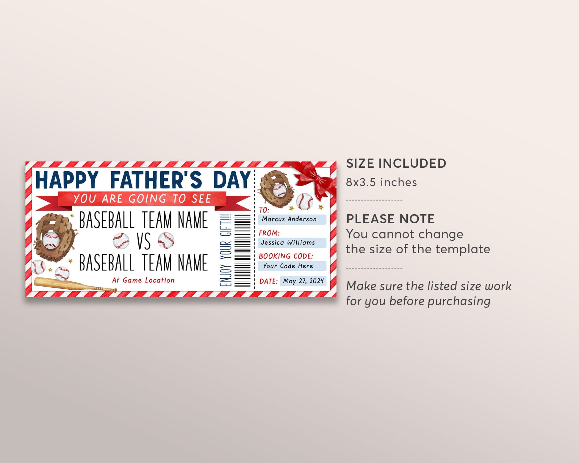 Father's Day Baseball Game Gift Ticket Editable Template, Surprise