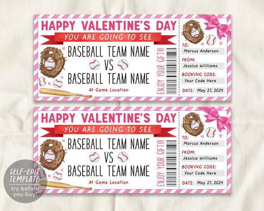 Valentine&#39;s Day Baseball Game Gift Ticket Editable Template