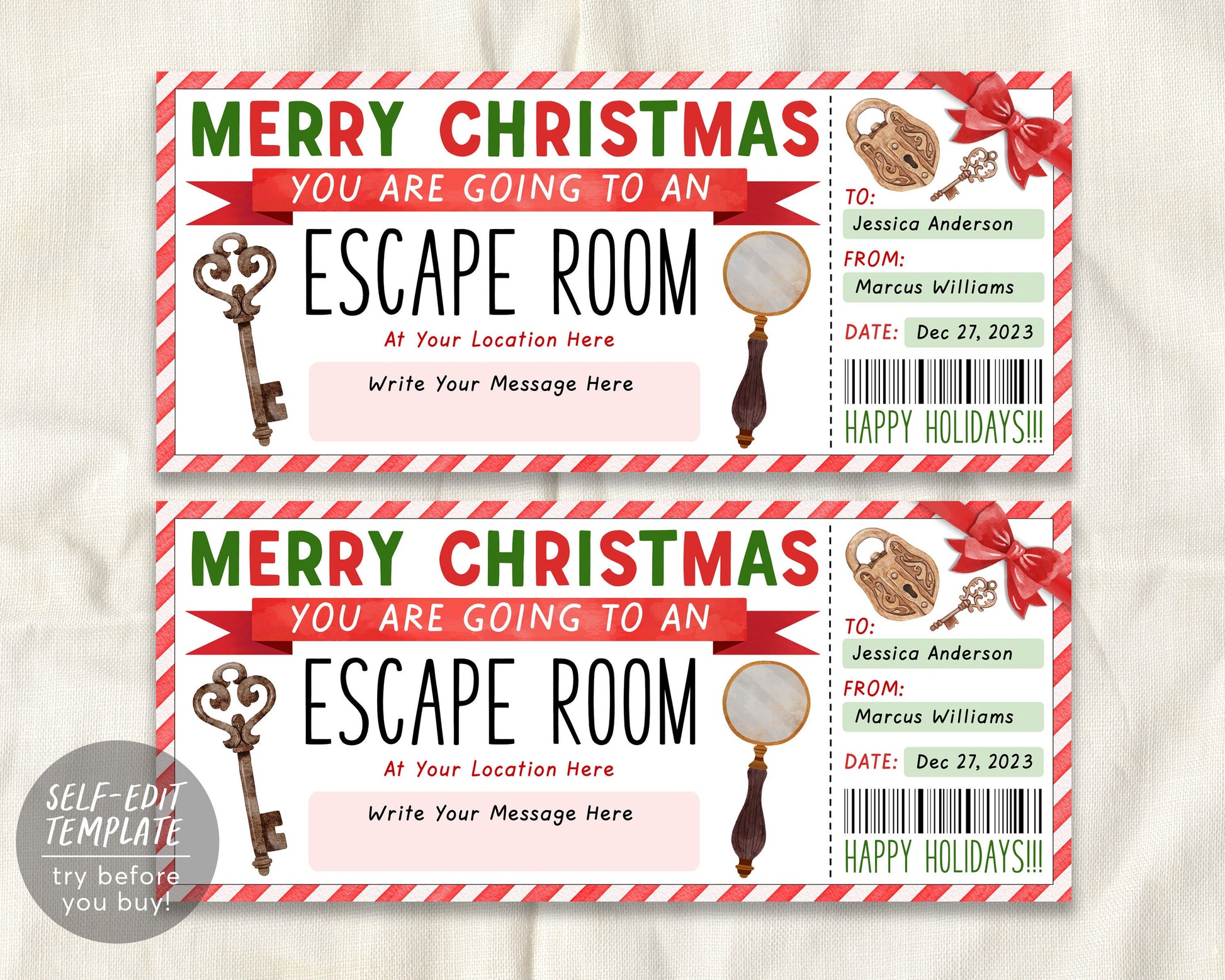 Christmas Escape Room Ticket Editable Template