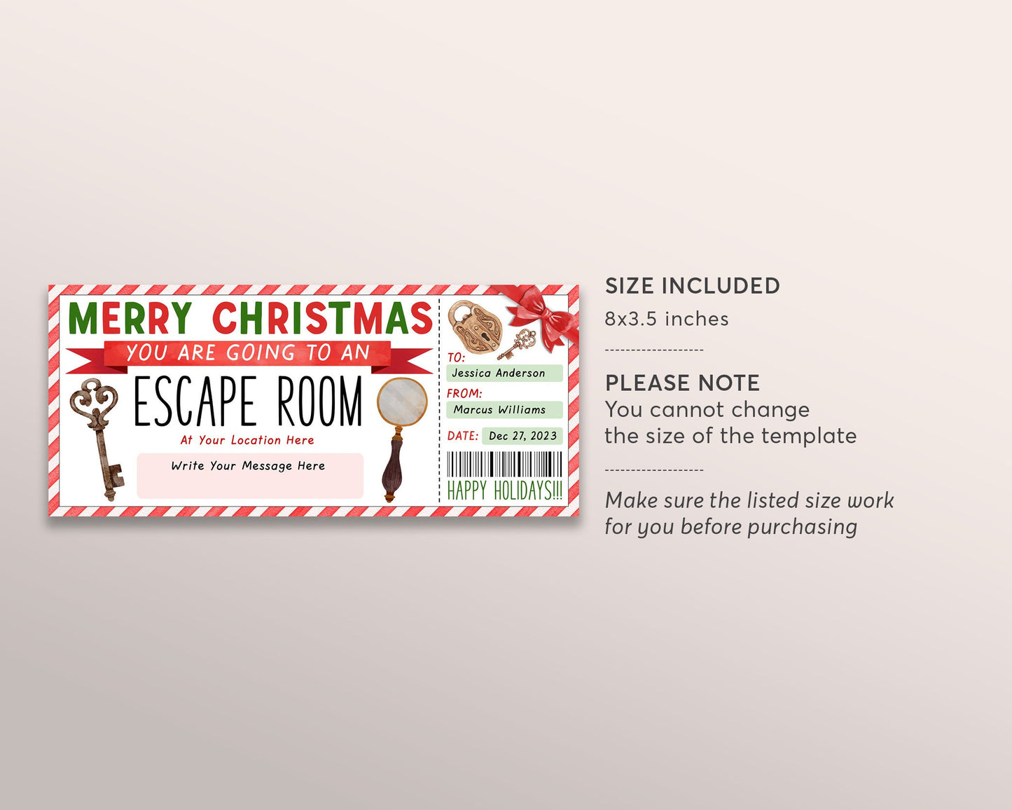 Christmas Escape Room Ticket Editable Template, Surprise Holiday Game Room Gift Certificate Reveal Invitation, Mystery Experience Voucher
