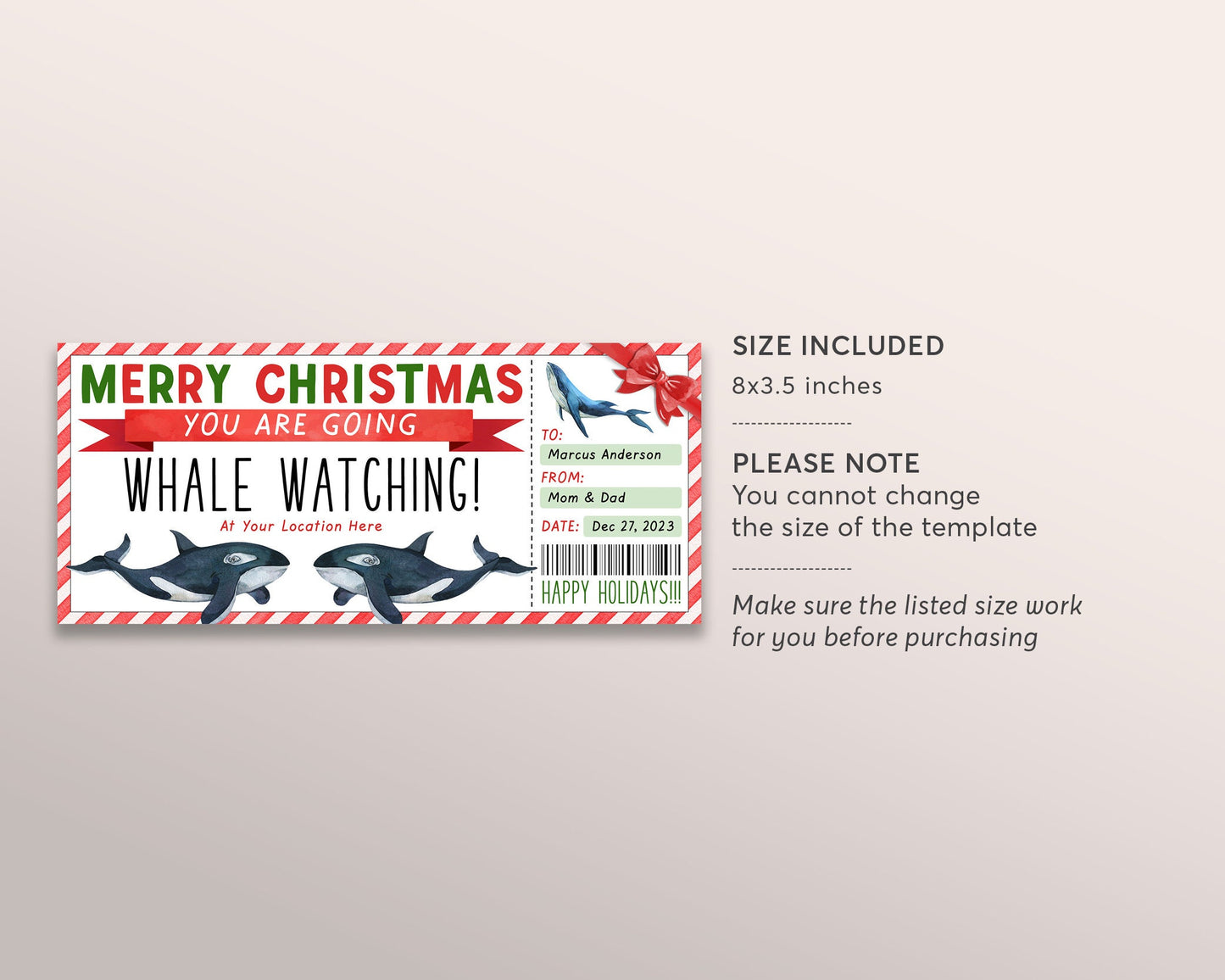 Christmas Whale Watching Trip Ticket Editable Template, Surprise Whale Watching Boat Cruise Day Trip Gift Voucher Gift Certificate Coupon