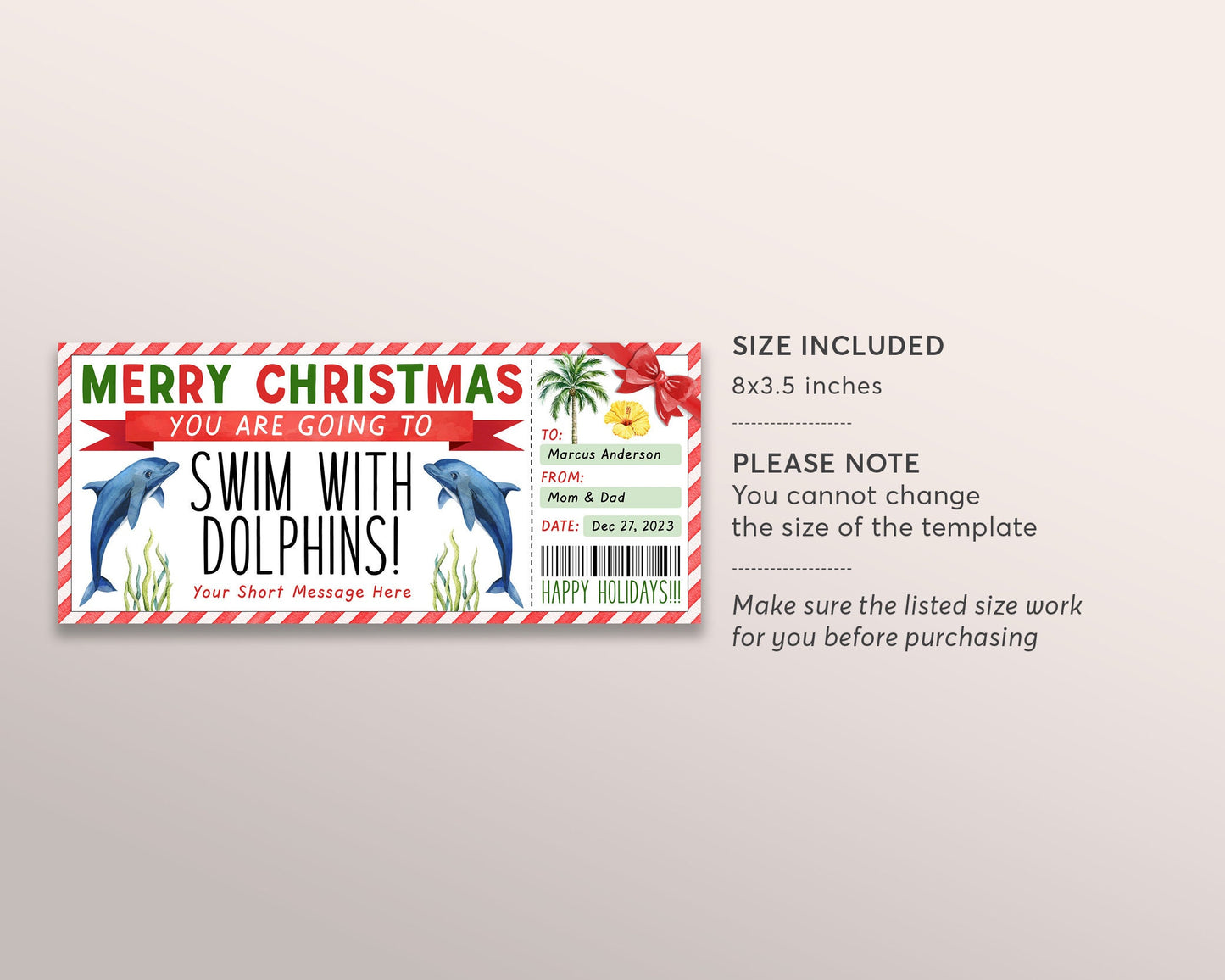 Christmas Swim With Dolphins Ticket Editable Template, Surprise Dolphin Watching Experience Gift Voucher Day Trip Gift Certificate Coupon
