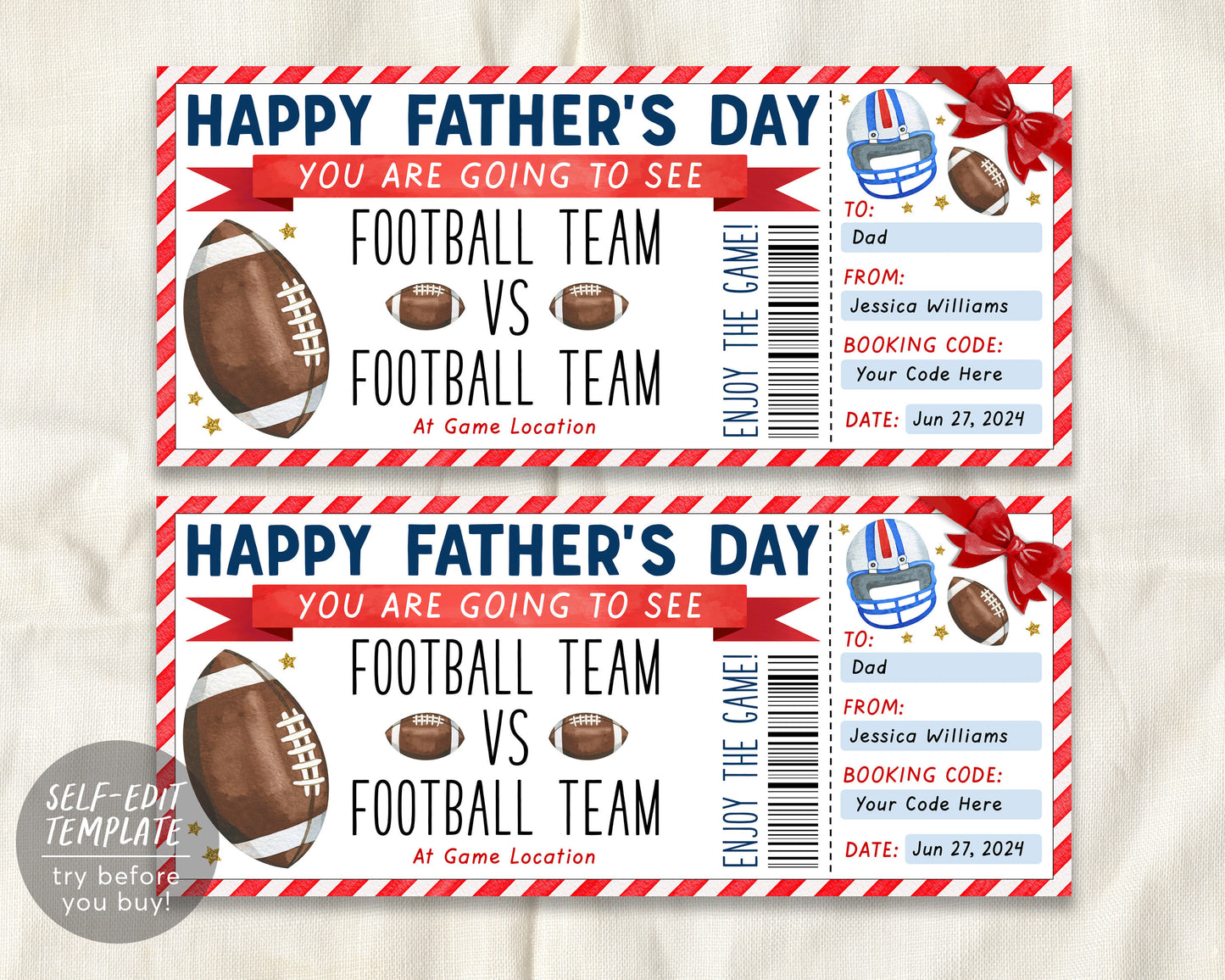 Father&#39;s Day Football Game Gift Ticket Editable Template