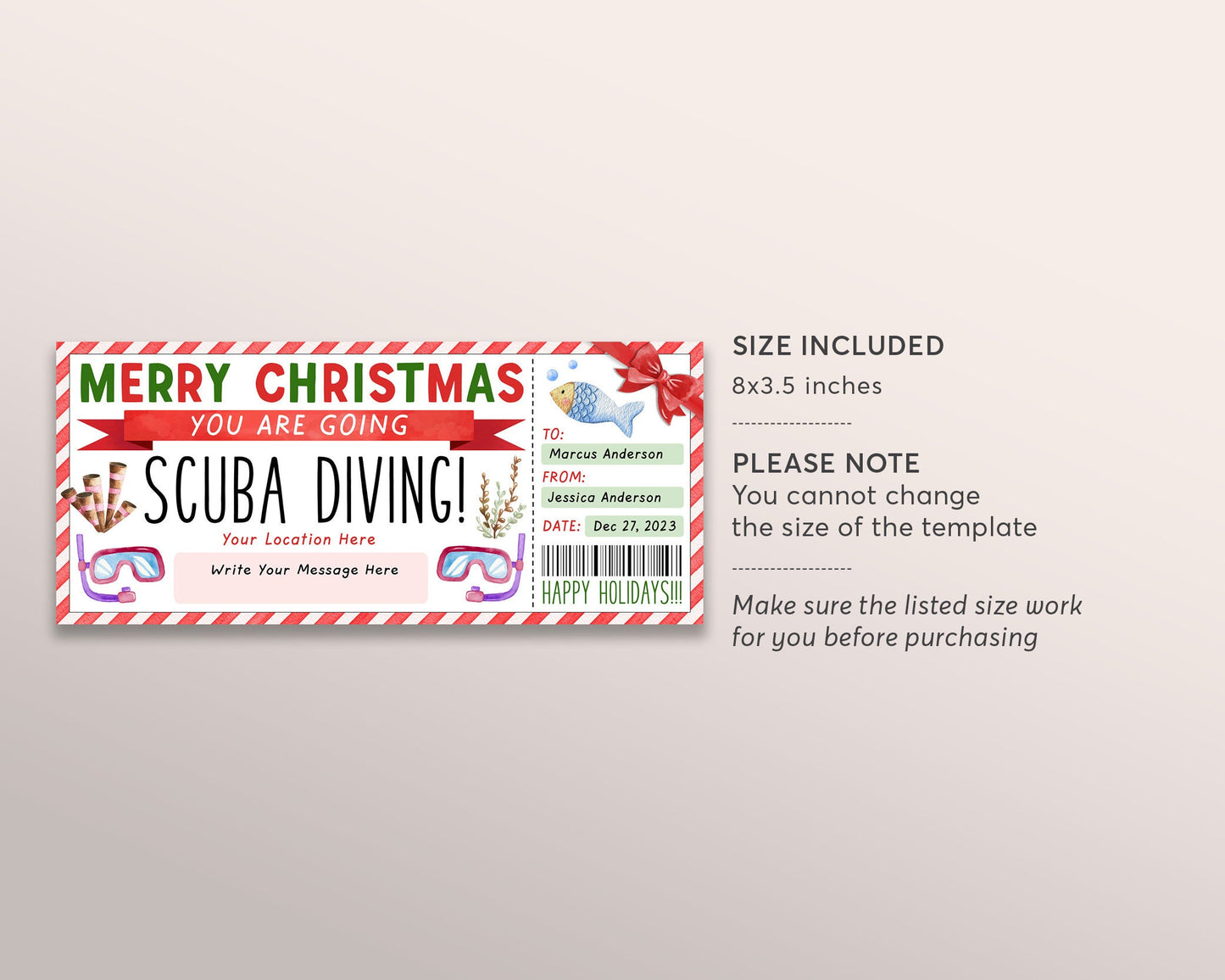 Christmas Scuba Diving Ticket Editable Template, Surprise Snorkeling Experience Reveal Gift Voucher, Deep Sea Diving Trip Gift Certificate