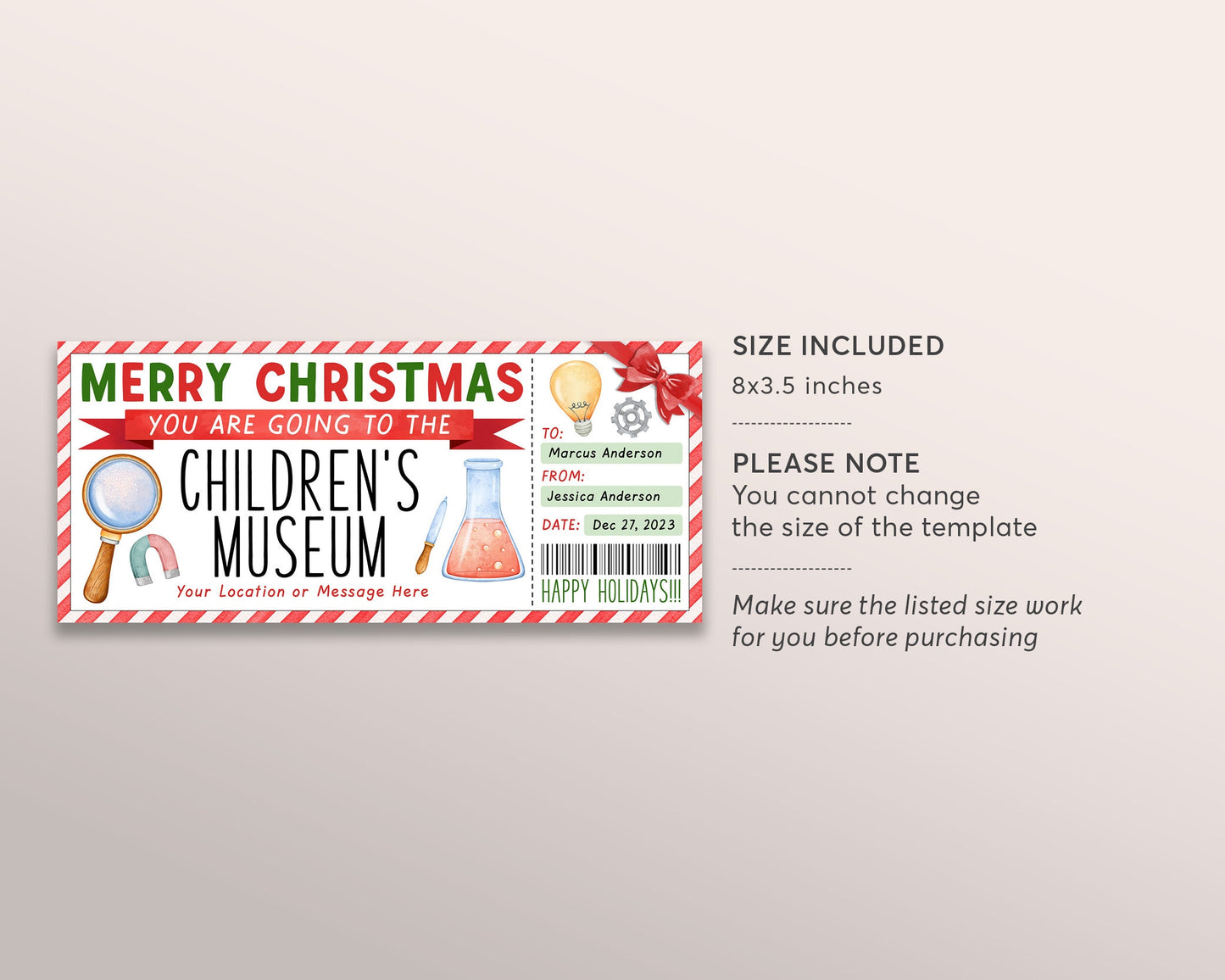 Children's Museum Ticket Editable Template, Surprise Museum Membership Gift Voucher For Kids Science Museum Day Trip Gift Certificate Coupon