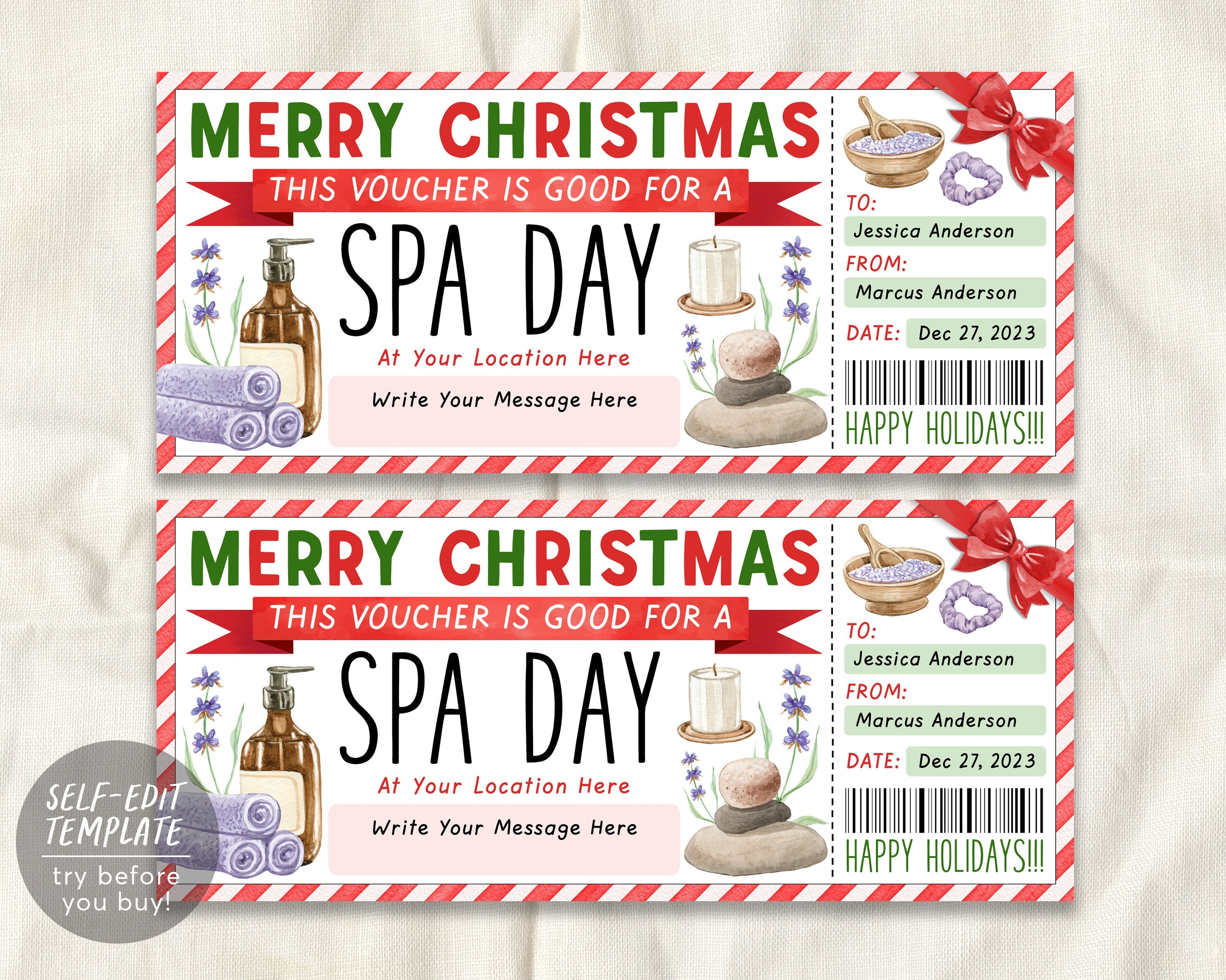 Christmas Spa Day Gift Voucher Ticket Editable Template, Surprise Spa