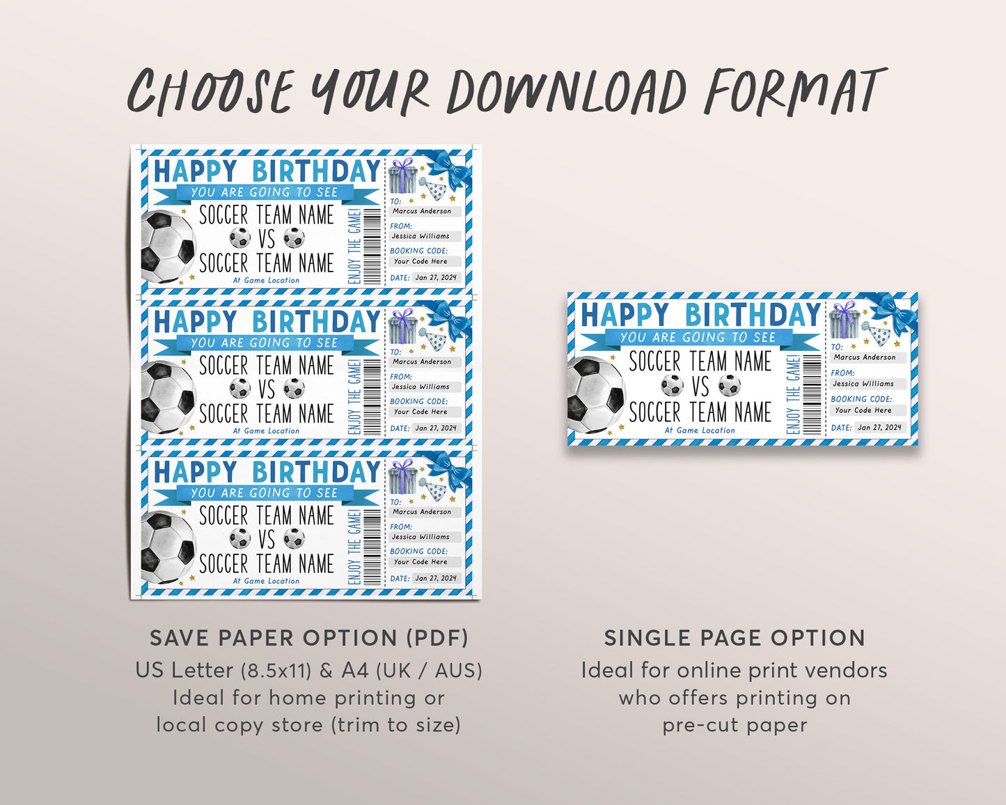 Soccer Game Gift Ticket Editable Template, Birthday Surprise Football Game Ticket, Soccer Lover Voucher Gift Certificate Coupon Printable