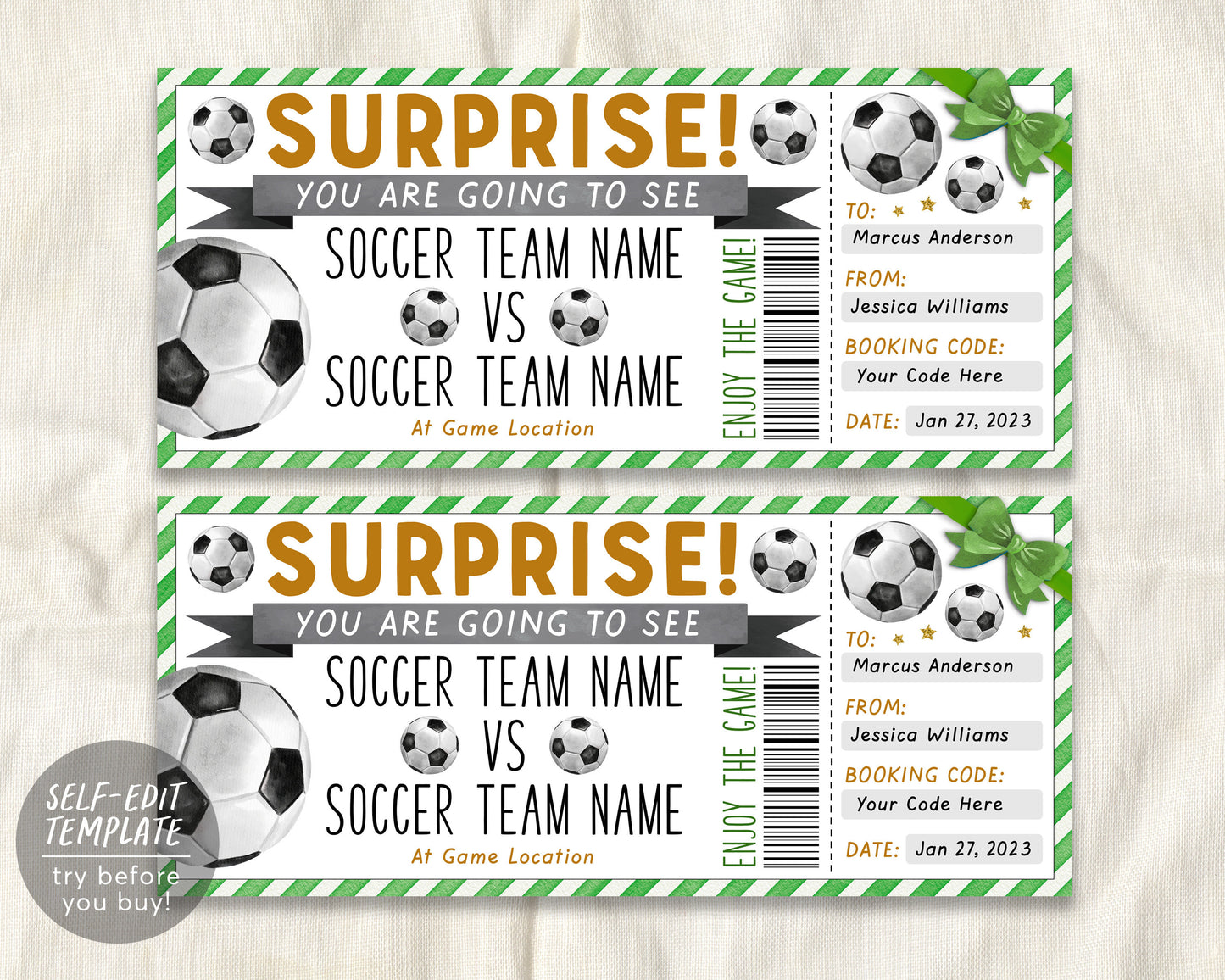 Soccer Game Gift Ticket Editable Template