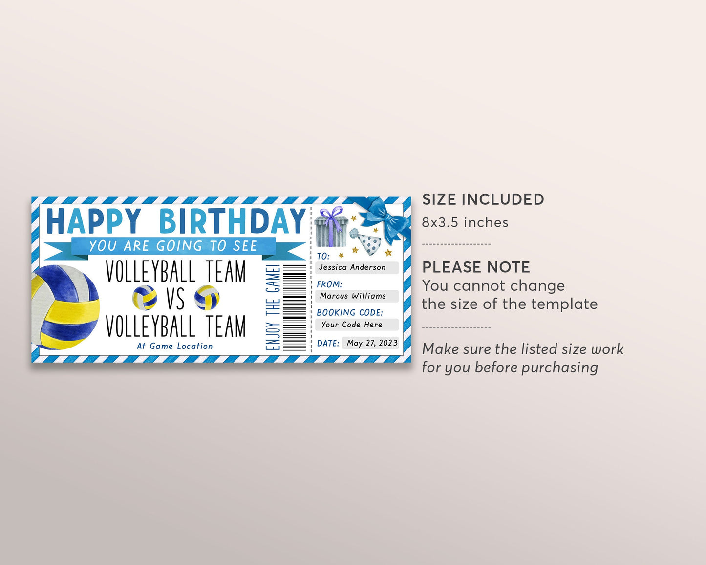 Volleyball Game Gift Ticket Editable Template, Birthday Surprise Sports Game Ticket, Volleyball Lover Stadium Voucher Gift Certificate DIY