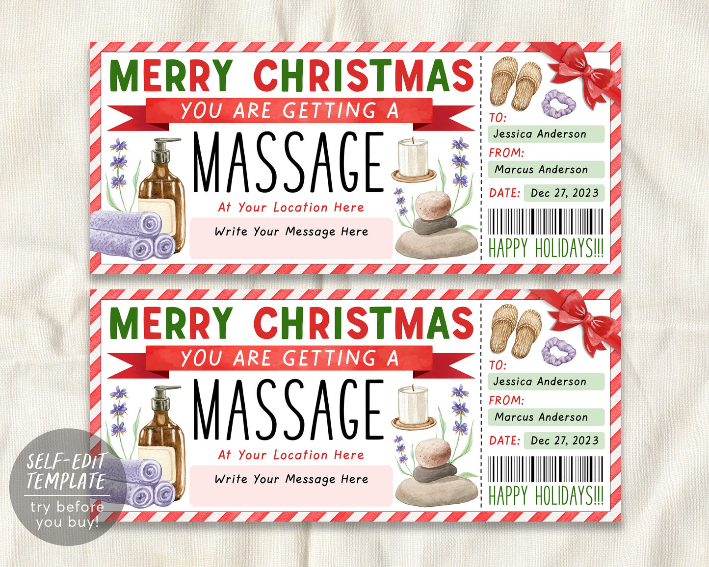 Christmas Massage Gift Certificate Ticket Editable Template