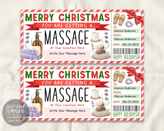 Christmas Massage Gift Certificate Ticket Editable Template