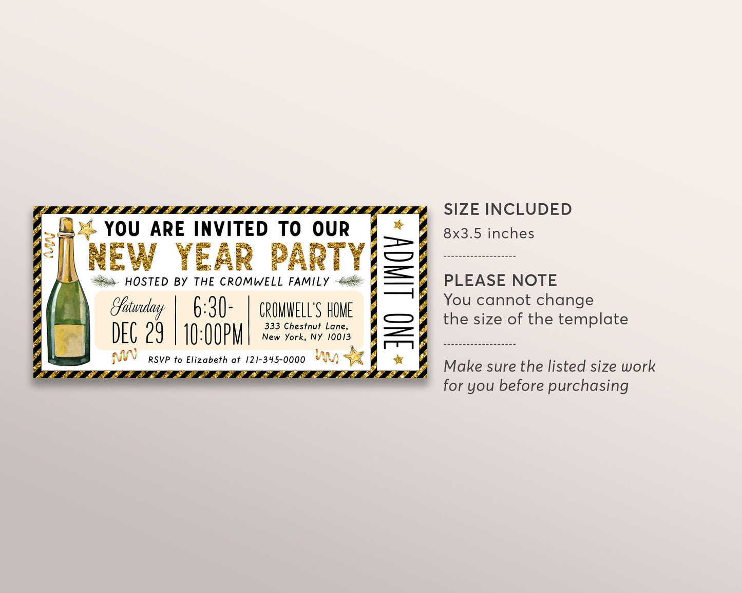 New Years Eve Party Invitation Ticket Entry Editable Template, Surprise Holiday NYE Celebration Countdown Event Printable Celebration Invite