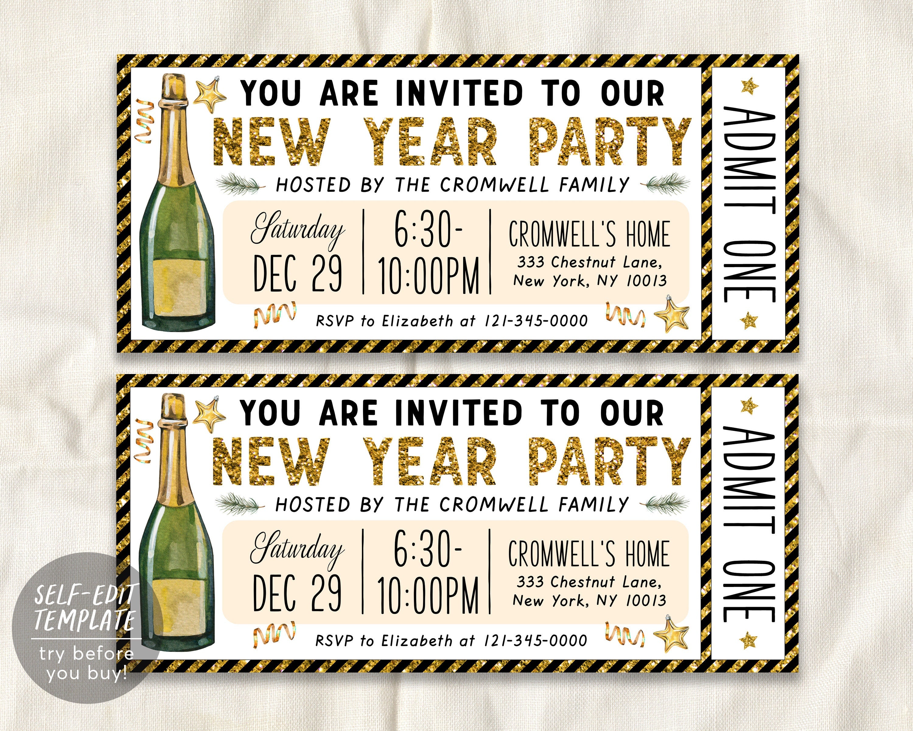 new years eve party invitation ticket entry editable template, surprise  holiday nye celebration countdown event printable celebration invite