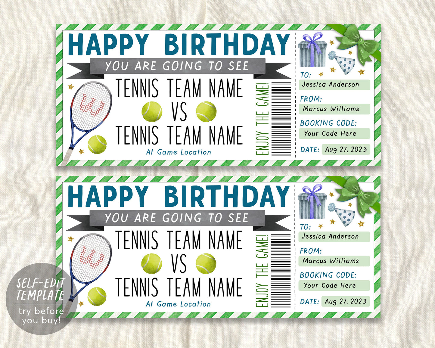 birthday Tennis Game Gift Ticket Editable Template