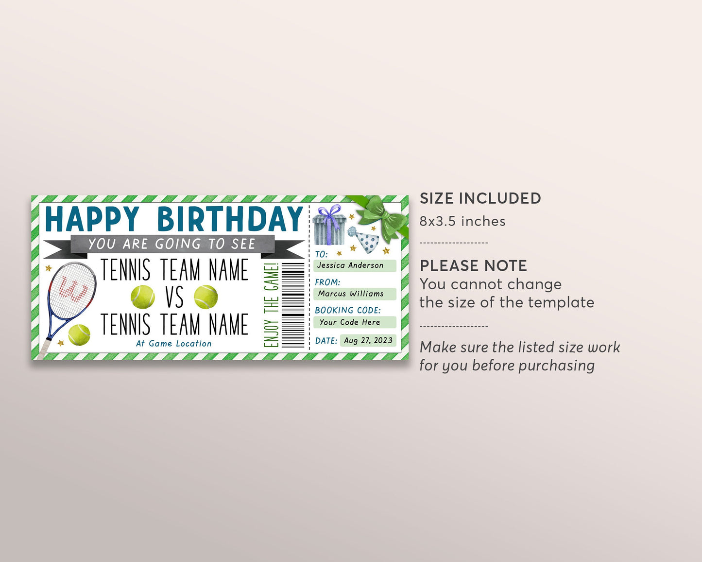 Tennis Game Gift Ticket Editable Template, Birthday Surprise Tennis Match Tournament Sports Game, Tennis Lover Voucher Gift Certificate