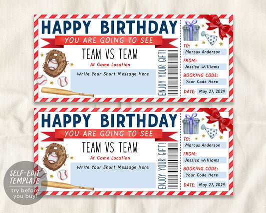 Birthday Baseball Game Gift Ticket Editable Template