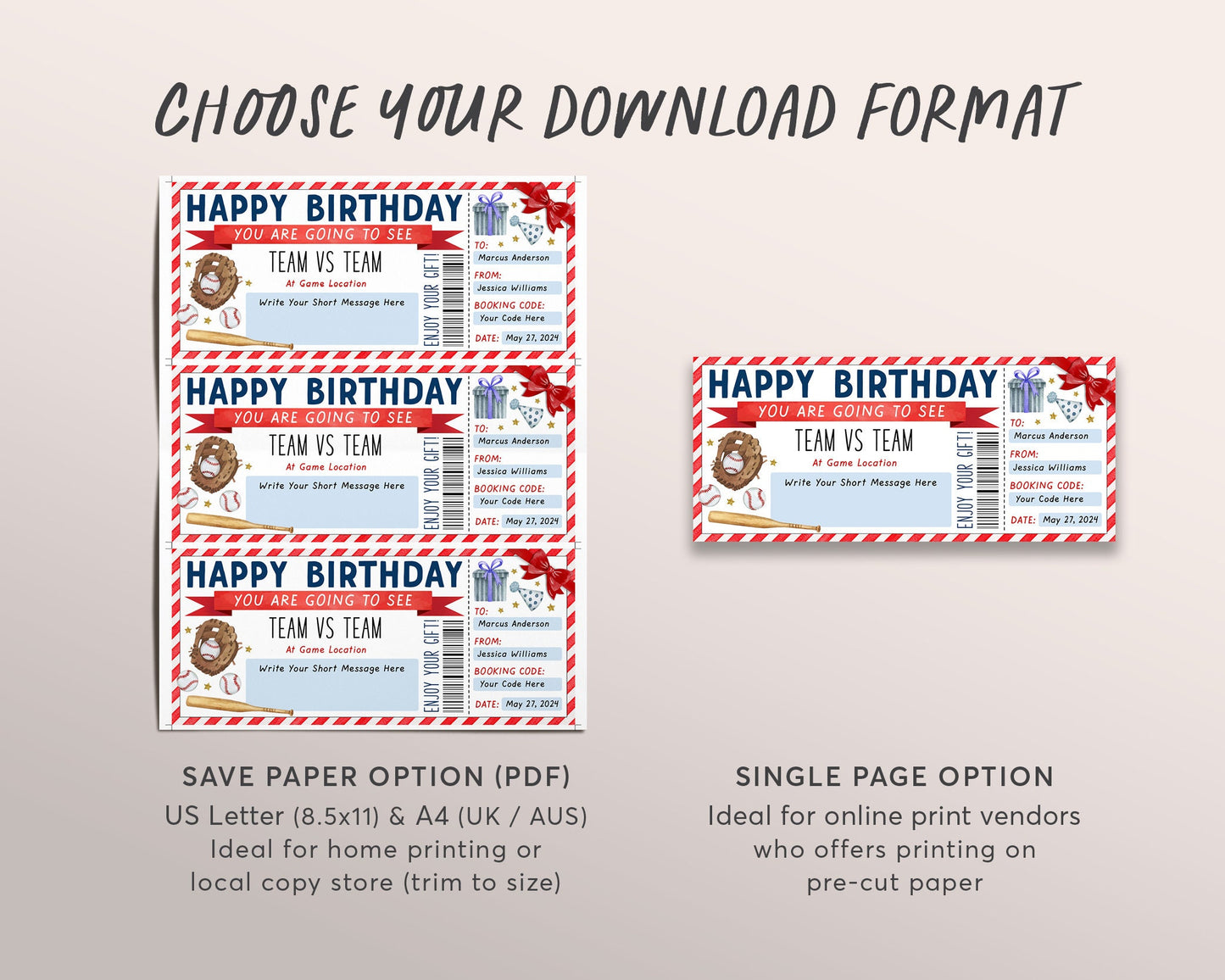 Baseball Game Gift Ticket Editable Template, Birthday Surprise Ticket To Baseball Sports Game Ticket, Voucher Gift Certificate Coupon DIY