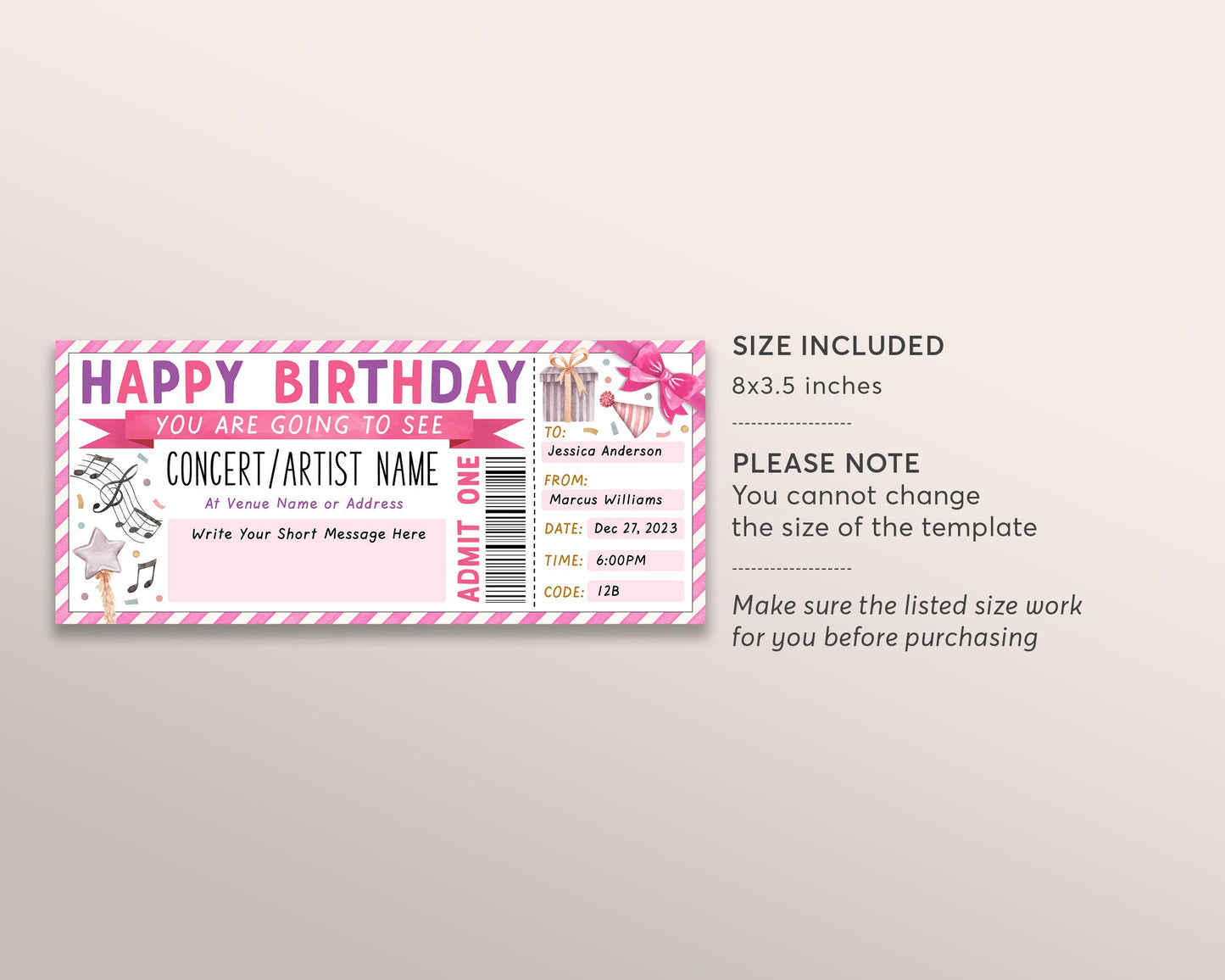 Concert Ticket Gift Voucher Editable Template, Surprise Birthday Gift Certificate Music Show Artist Ticket For Tween Teen Printable DIY