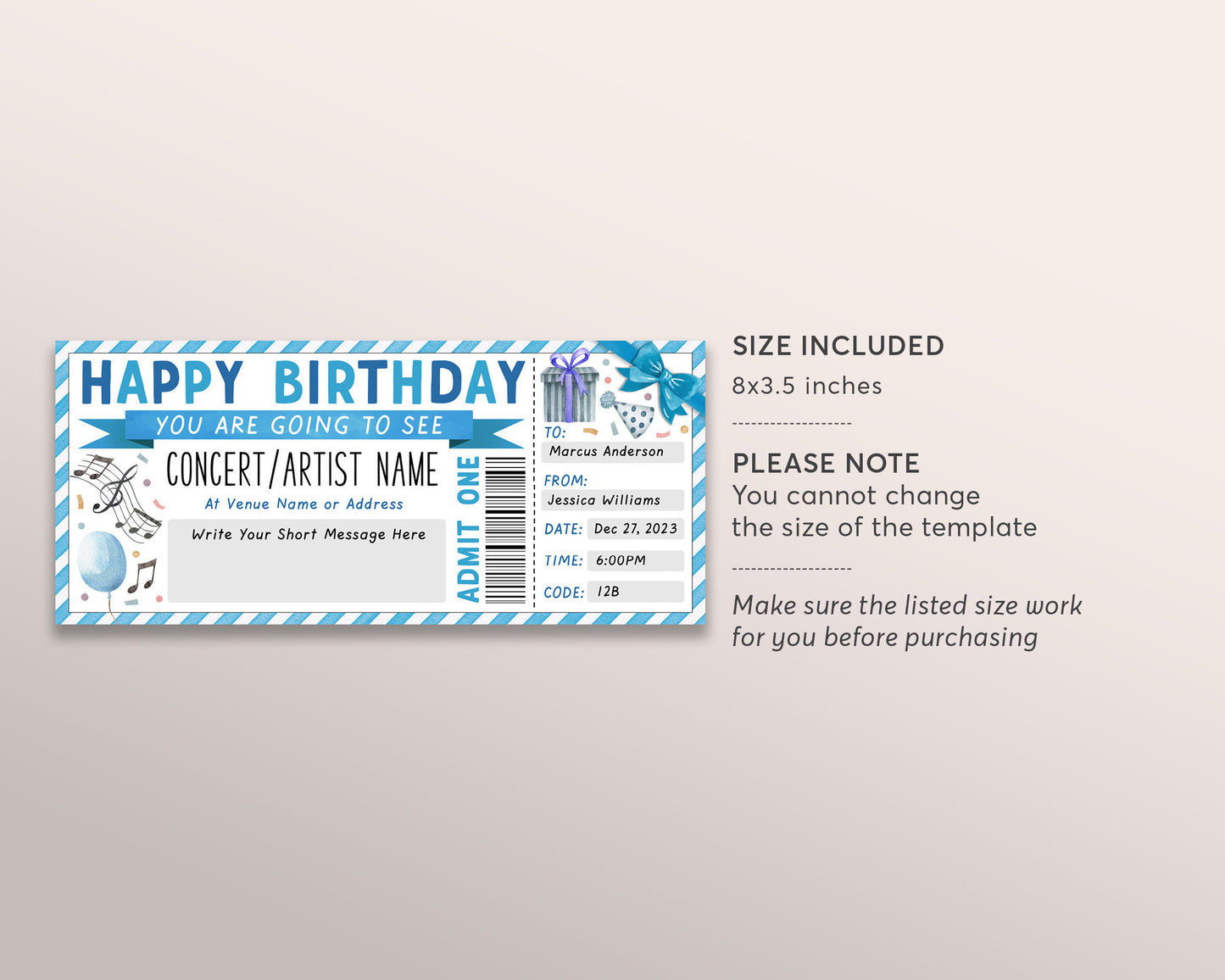 Concert Ticket Gift Voucher Editable Template, Surprise Birthday Gift Certificate Music Show Artist Fake Ticket For Him Printable DIY