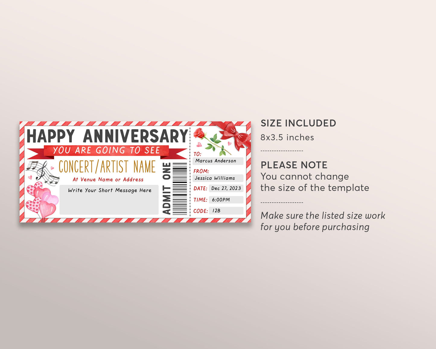 Concert Ticket Gift Voucher Ticket Editable Template, Anniversary Surprise Gift Certificate Music Show Artist Band Experience Reveal Wife