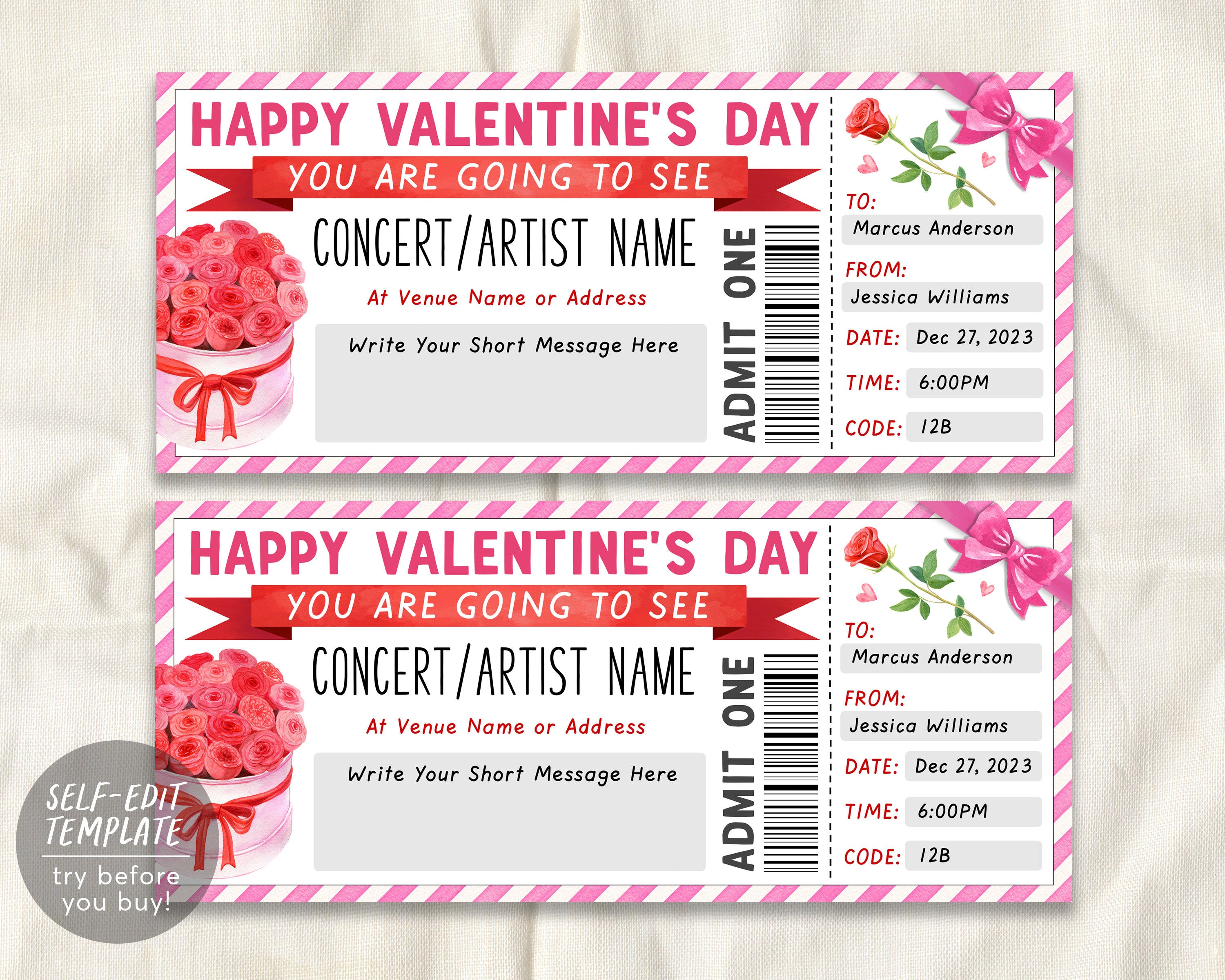 Valentines Day Concert Ticket Gift Voucher Editable Template, Annivers ...