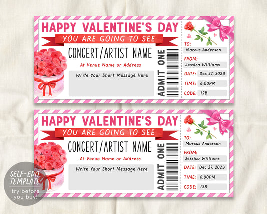 Valentines Day Concert Ticket Gift Voucher Ticket Editable Template