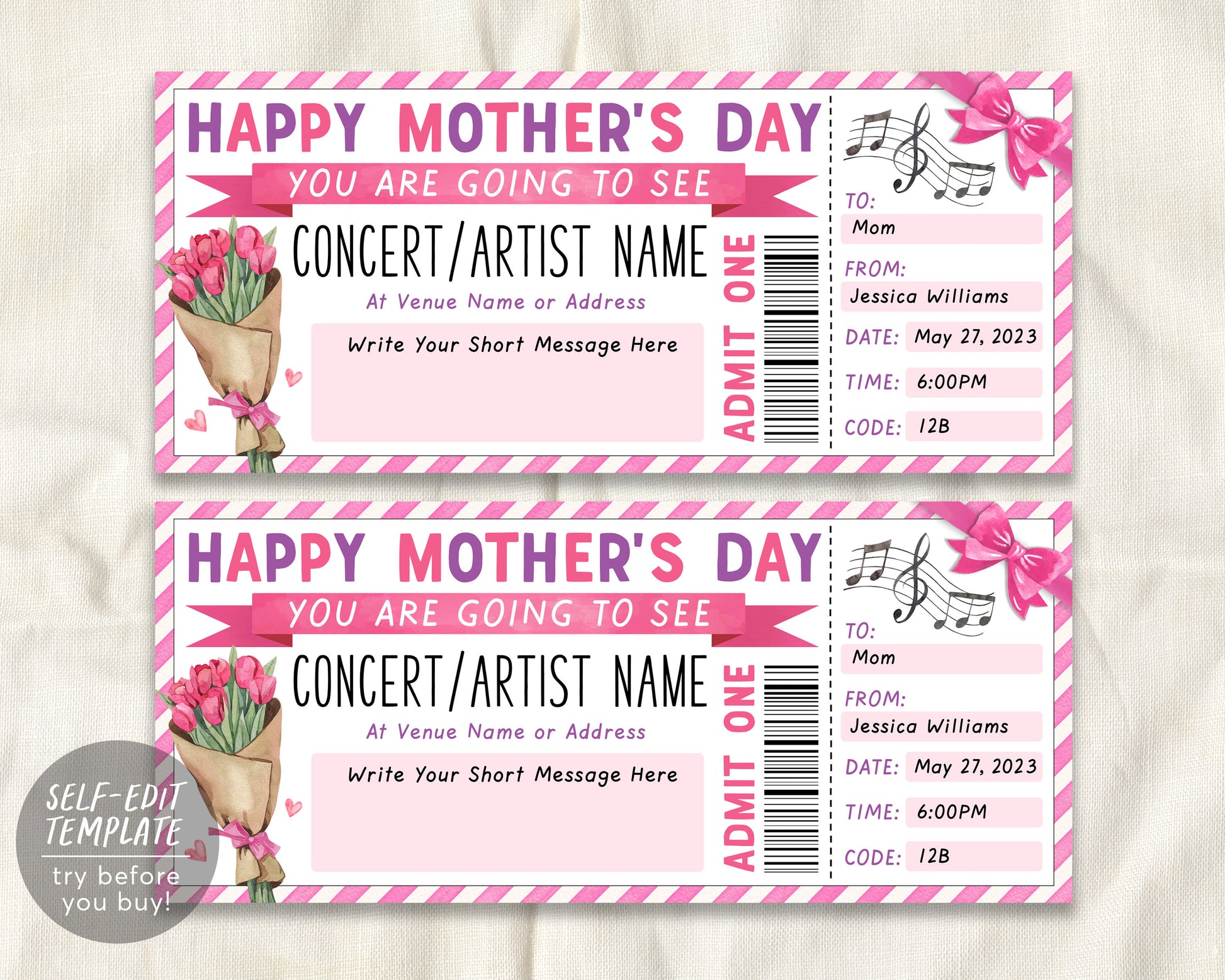 Mothers Day Concert Ticket Gift Voucher Editable Template